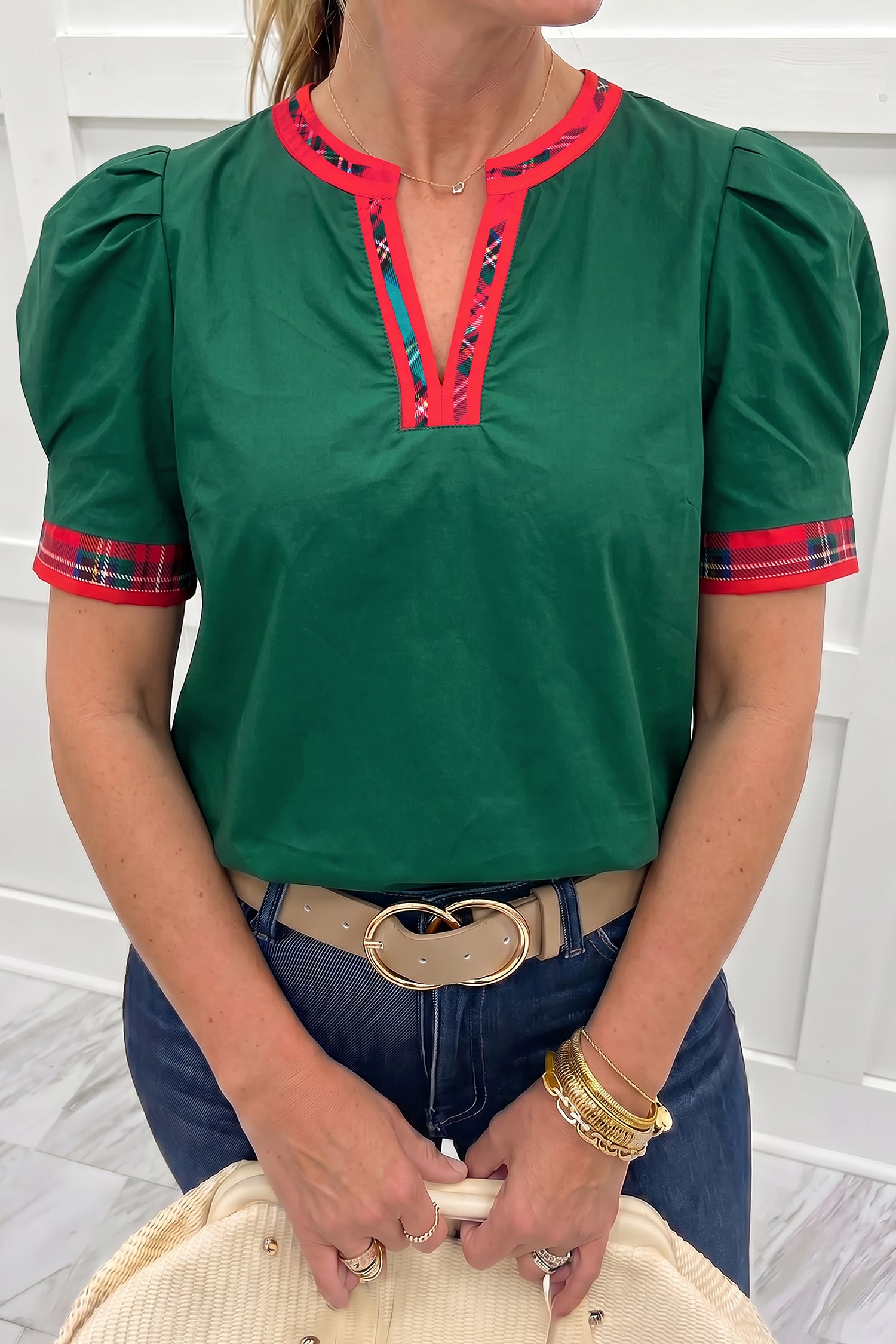 Evergreen Plaid Trim V Neck Short Sleeve Shift Blouse-Tops/Blouses & Shirts-[Adult]-[Female]-Evergreen-S-2022 Online Blue Zone Planet