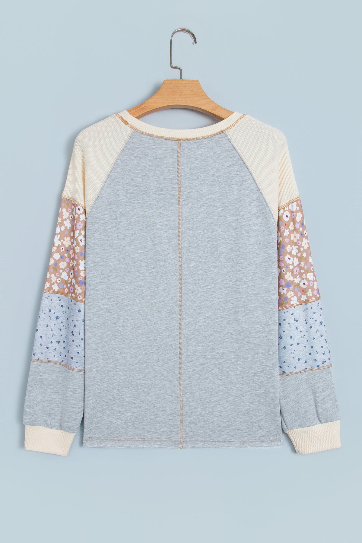 Light Grey Color Block Floral Waffle Mixed Patchwork Long Sleeve Top-Tops/Long Sleeve Tops-[Adult]-[Female]-2022 Online Blue Zone Planet