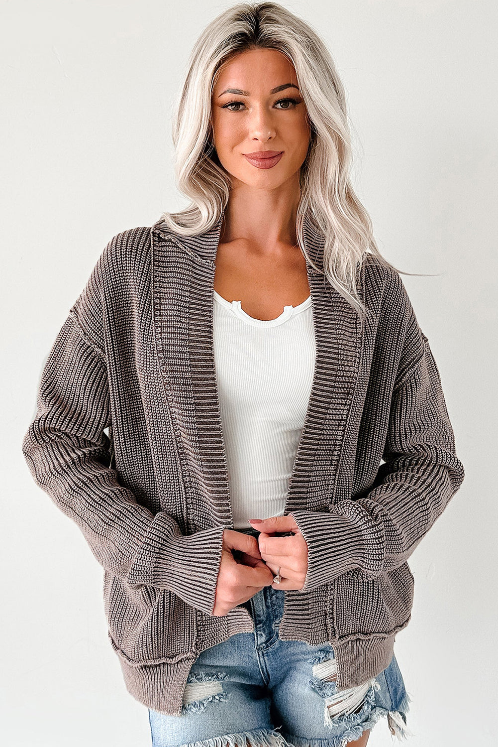 Dark Brown Mineral Wash Exposed Seam Patchwork Knit Open Sweater Cardigan-TOPS / DRESSES-[Adult]-[Female]-2022 Online Blue Zone Planet