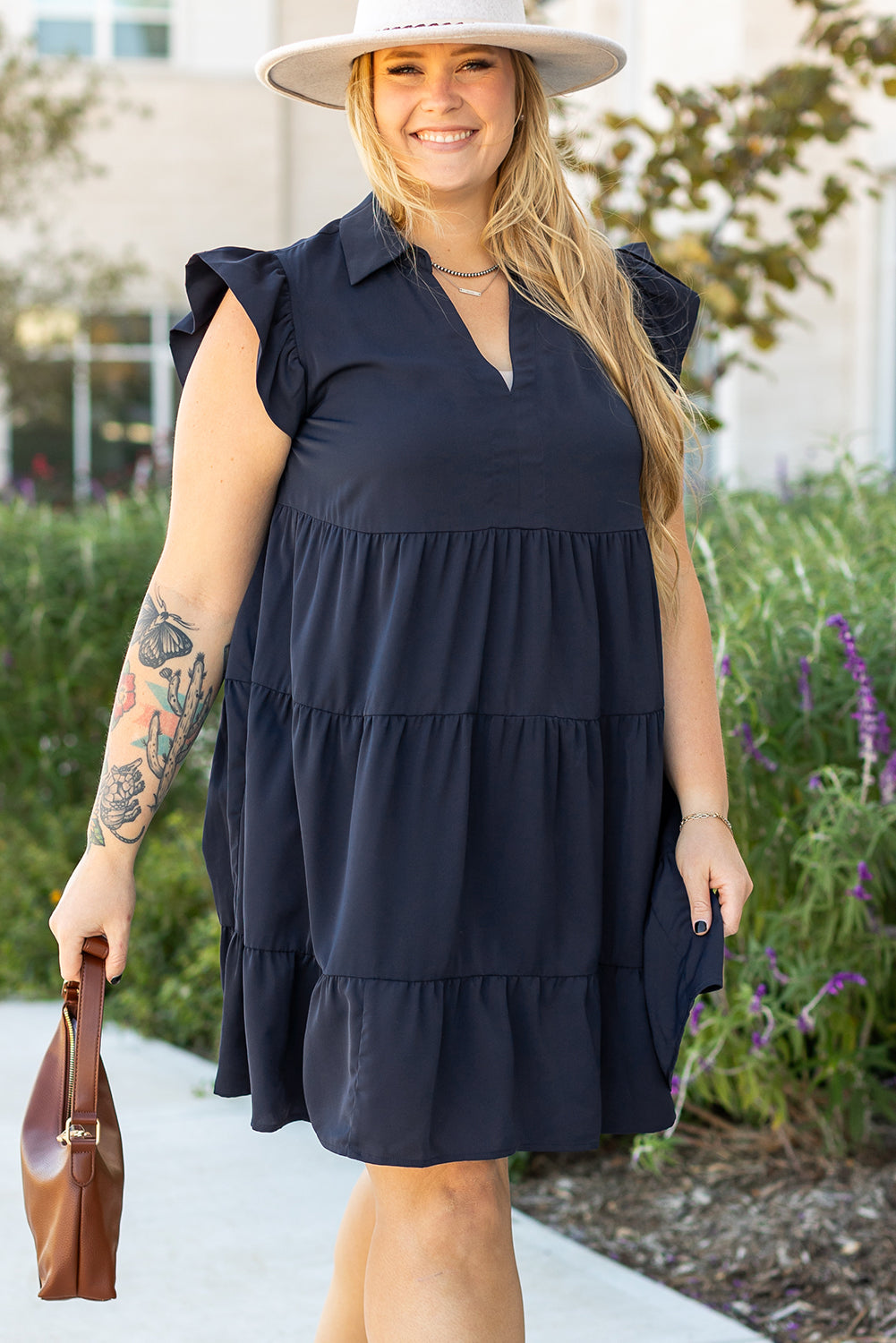 Navy Blue Collared V Neck Flutter Sleeve Tiered Plus Size Dress-Plus Size/Plus Size Dresses/Plus Size Mini Dresses-[Adult]-[Female]-2022 Online Blue Zone Planet