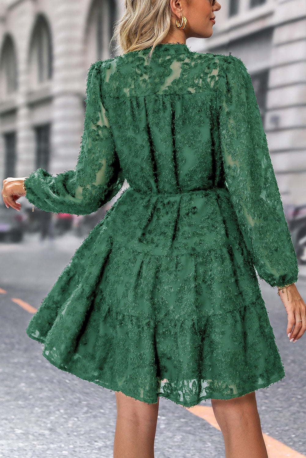 Blue Zone Planet | Dark Green Jacquard Long Sleeve Dress-TOPS / DRESSES-[Adult]-[Female]-2022 Online Blue Zone Planet