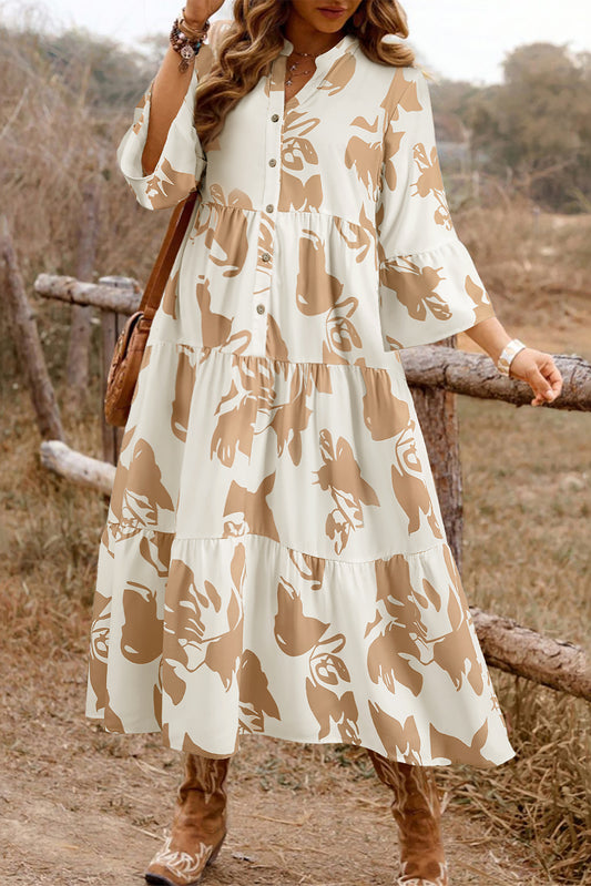 Khaki Patterned Ruffled Sleeve Half Placket Tiered A-line Plus Size Long Dress-TOPS / DRESSES-[Adult]-[Female]-Khaki-1X-2022 Online Blue Zone Planet