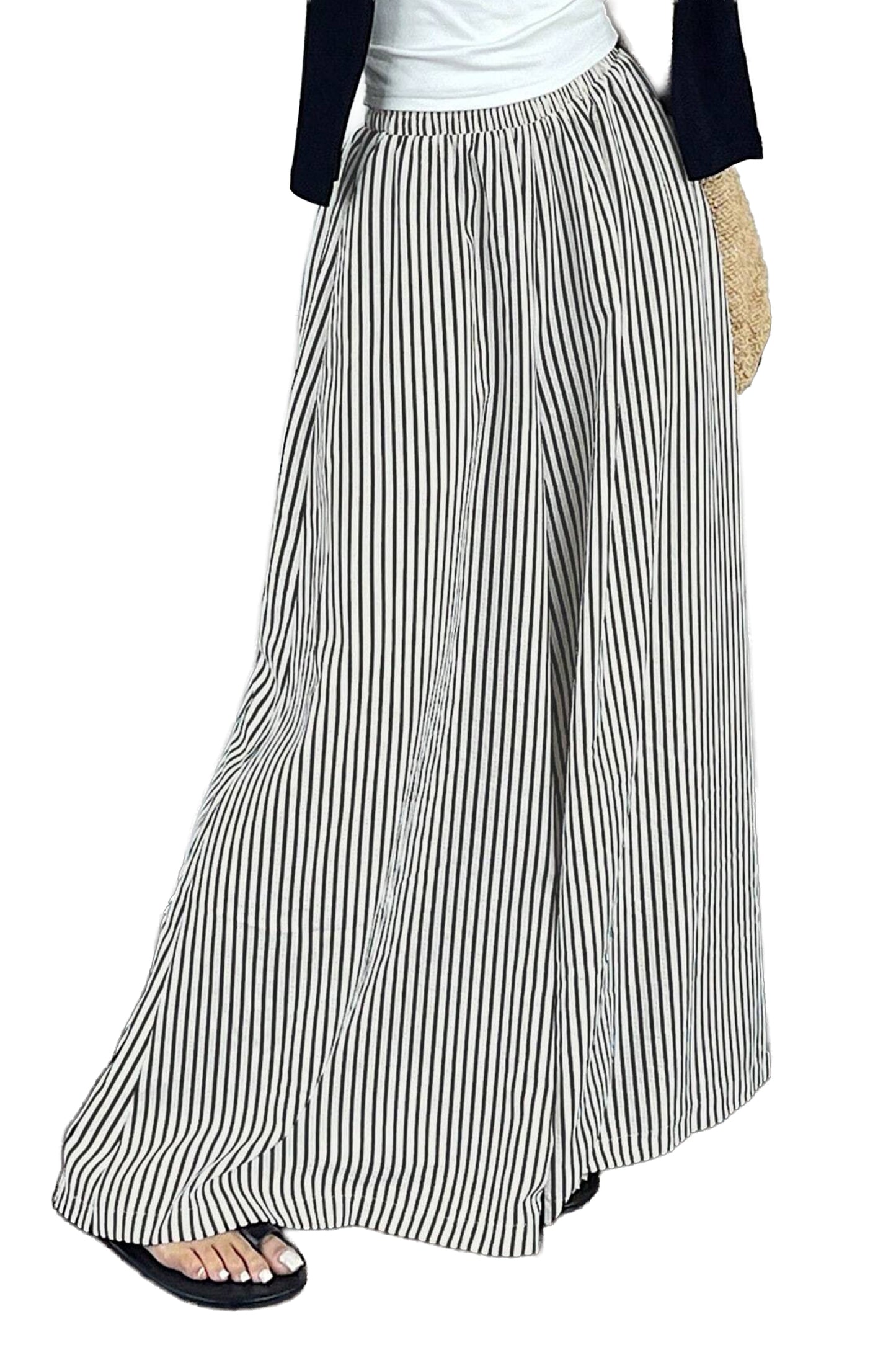 Black Stripe Elastic Waist Ultra Wide Leg Pants-Bottoms/Pants & Culotte-[Adult]-[Female]-2022 Online Blue Zone Planet