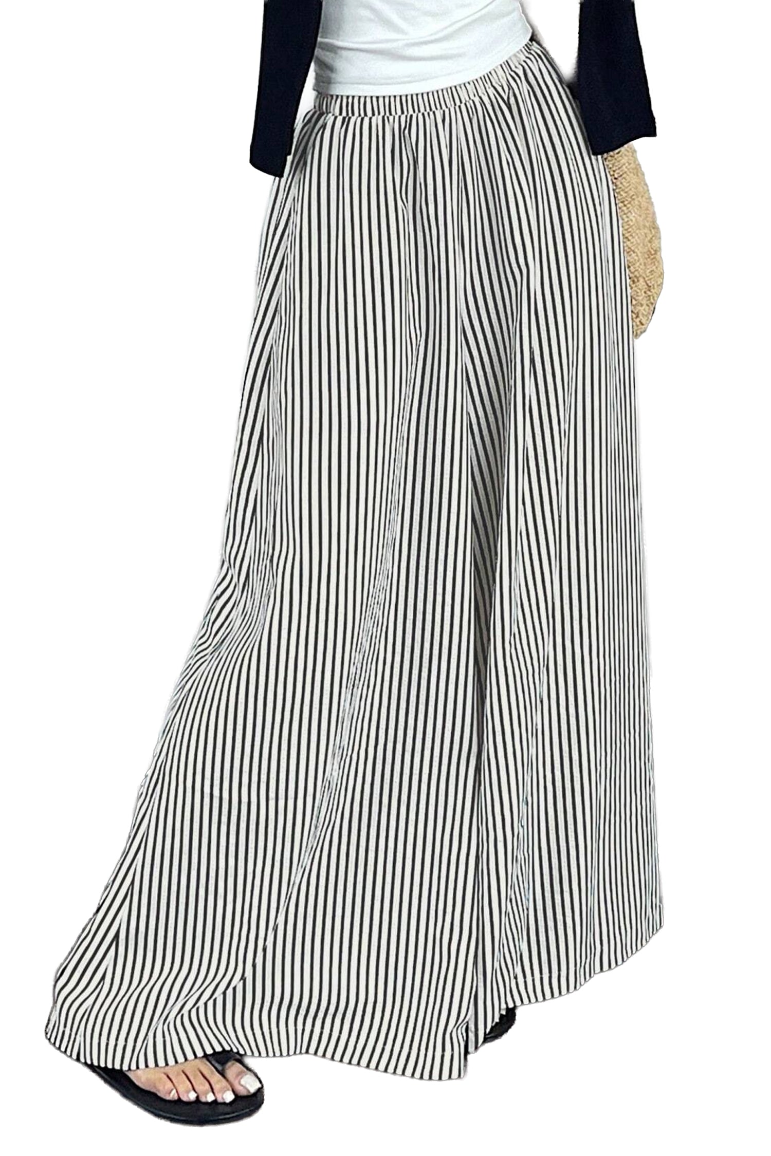 Black Stripe Elastic Waist Ultra Wide Leg Pants-Bottoms/Pants & Culotte-[Adult]-[Female]-2022 Online Blue Zone Planet