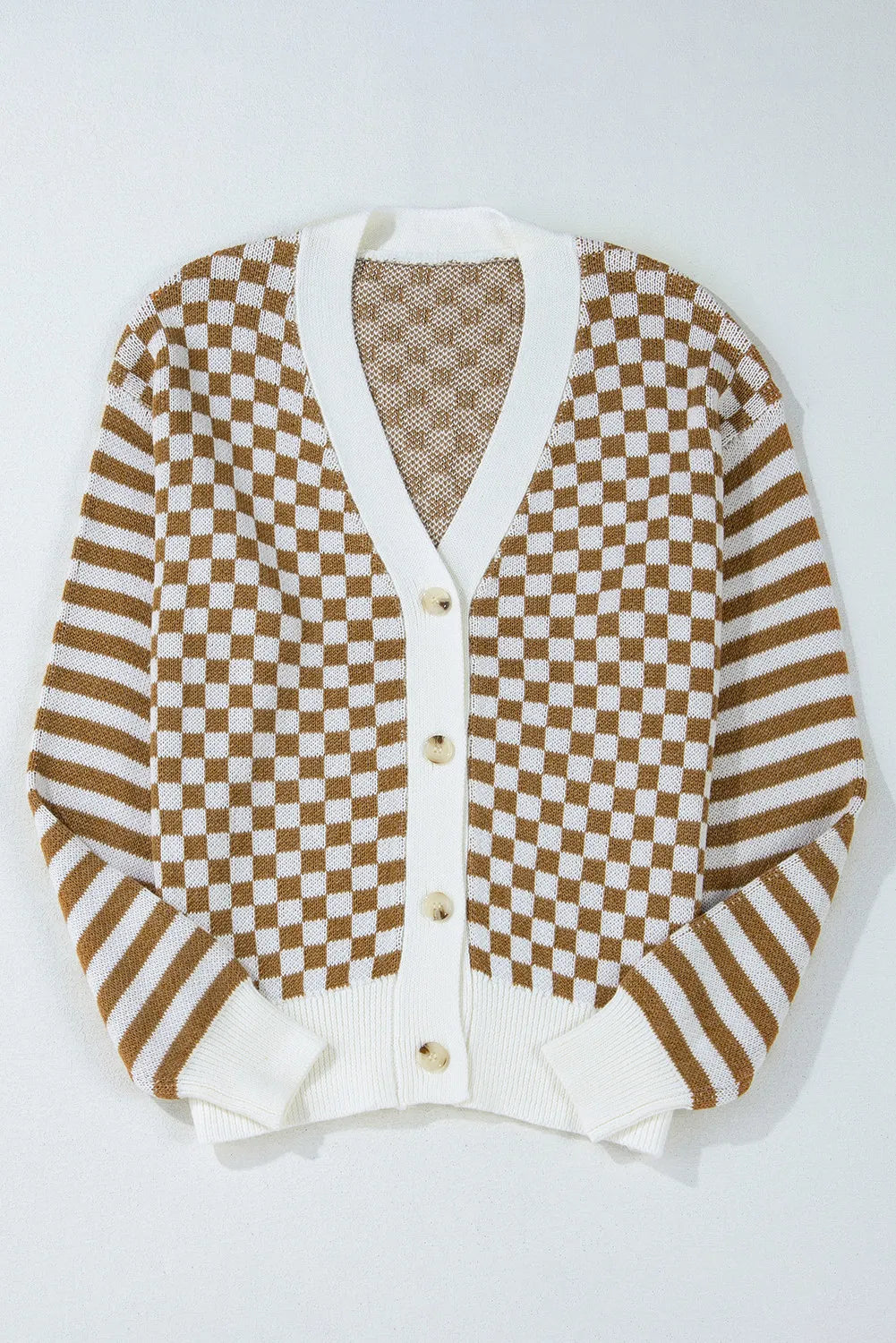 Checkered V-Neck Long Sleeve Cardigan-TOPS / DRESSES-[Adult]-[Female]-2022 Online Blue Zone Planet