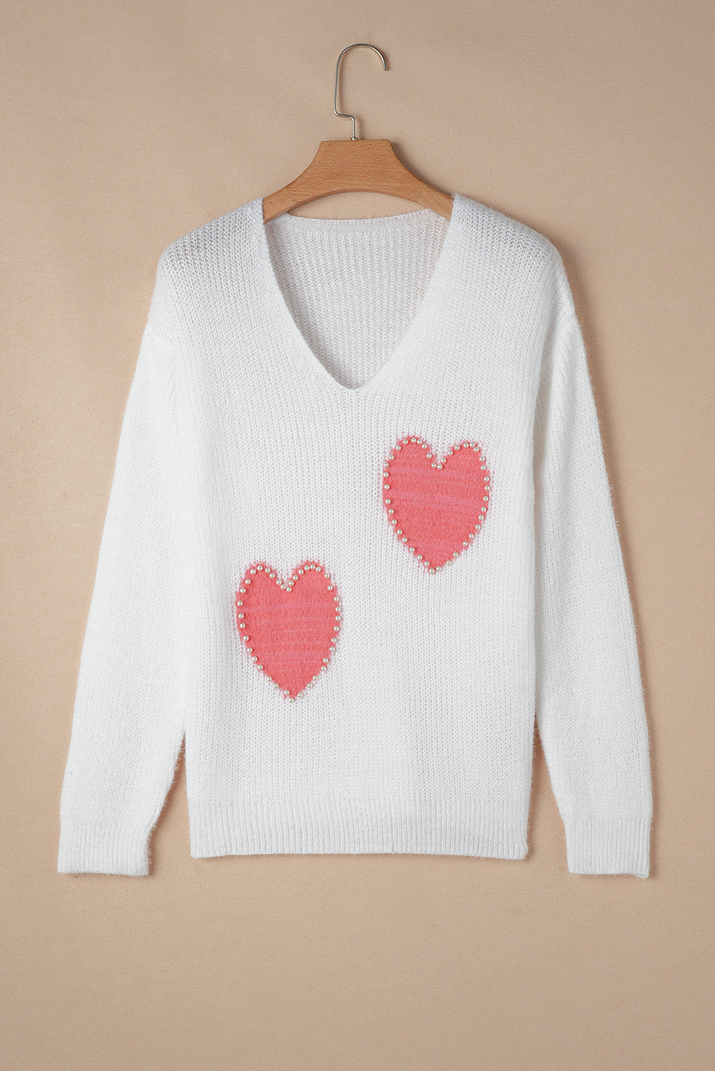 Blue Zone Planet | White Pearl Beaded Heart Pattern Fuzzy V Neck Sweater-Sweaters & Cardigans/Sweaters-[Adult]-[Female]-2022 Online Blue Zone Planet