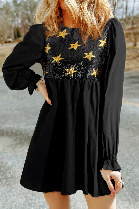 Black Sequined Stars Flounce Sleeve Ruffled Babydoll Dress-TOPS / DRESSES-[Adult]-[Female]-Black-S-2022 Online Blue Zone Planet