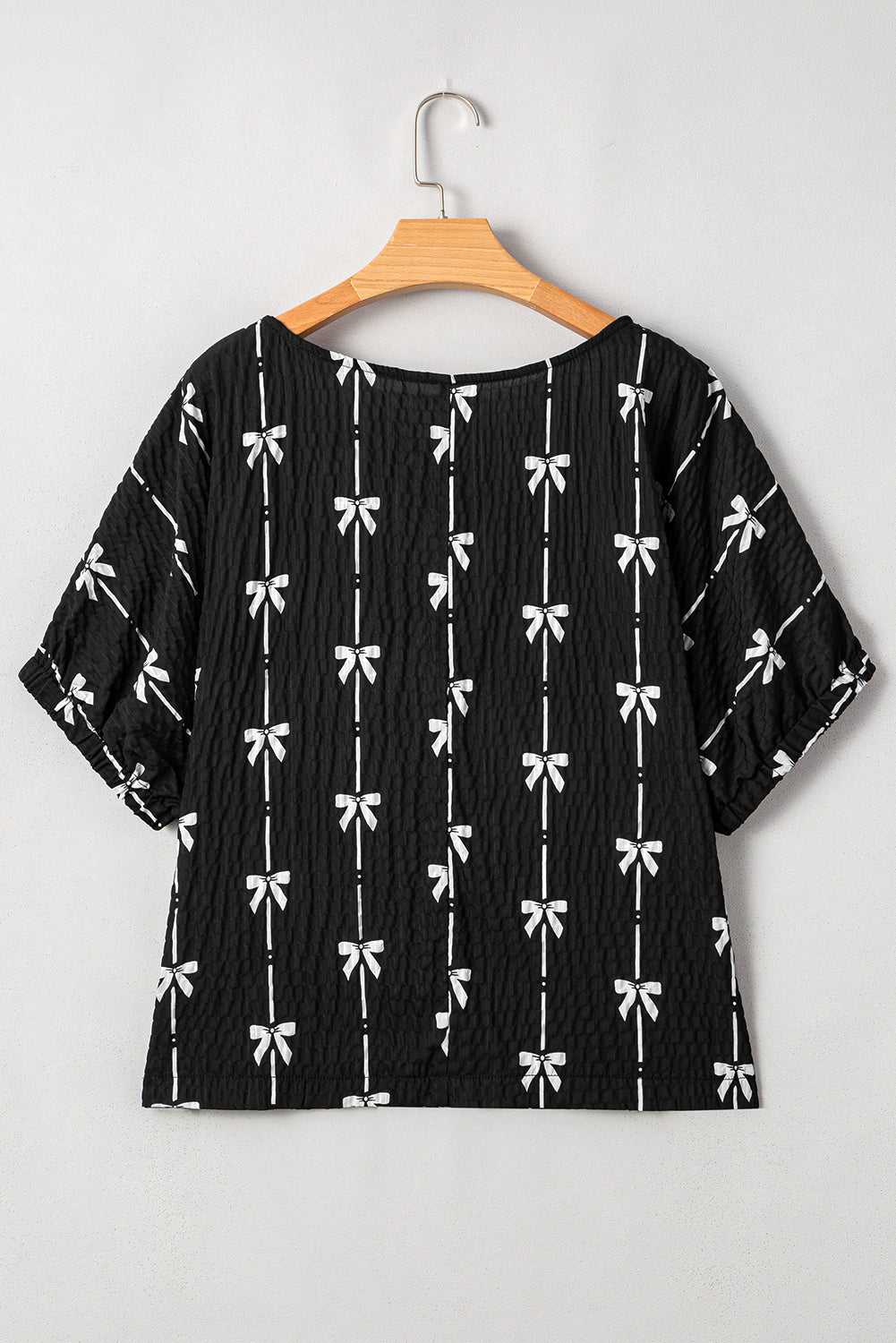 Black Bow Print Puff Short Sleeve Top-Tops/Blouses & Shirts-[Adult]-[Female]-2022 Online Blue Zone Planet