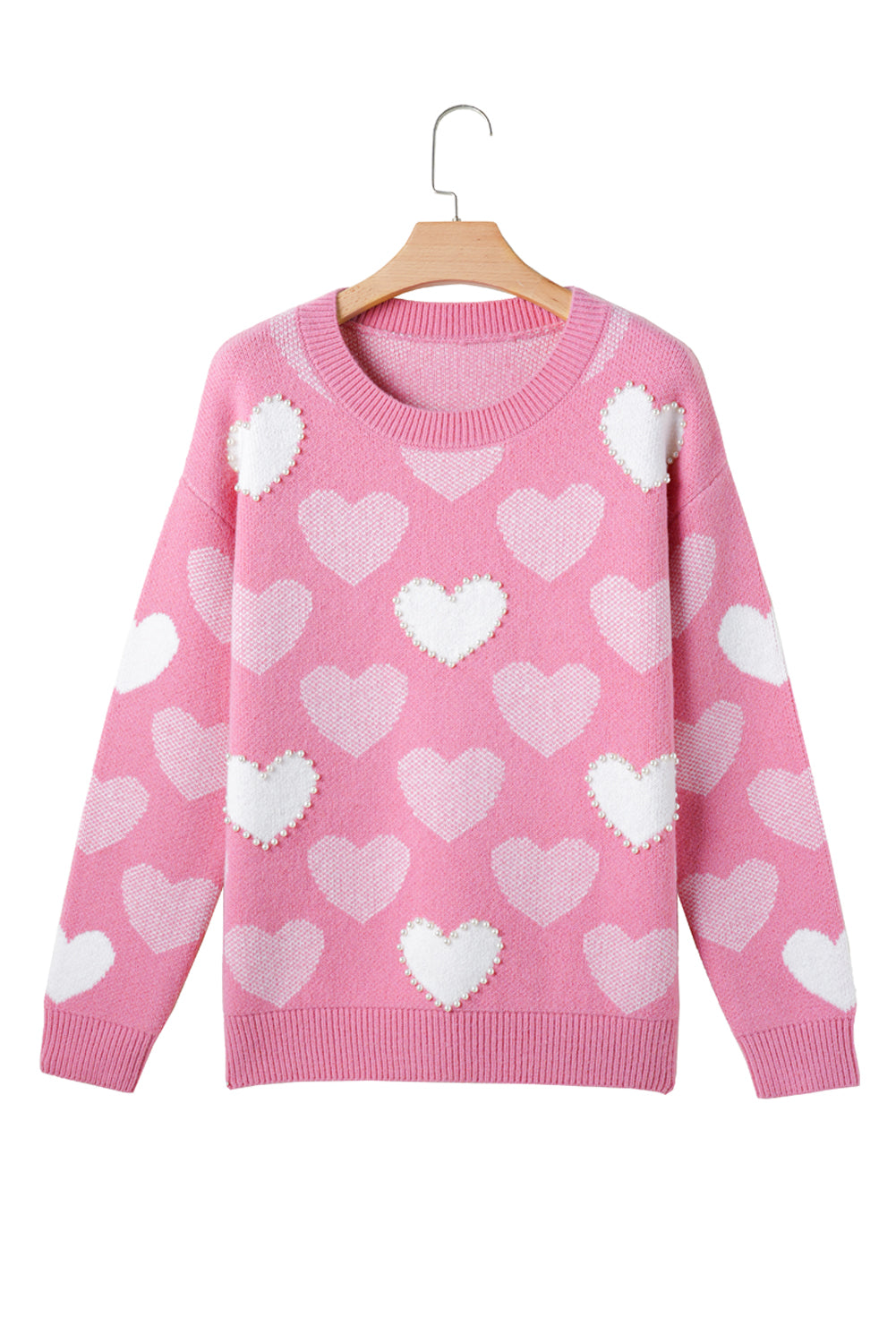 Blue Zone Planet | Pink Pearled Heart Print Valentines Crew Neck Sweater-Sweaters & Cardigans/Sweaters-[Adult]-[Female]-2022 Online Blue Zone Planet