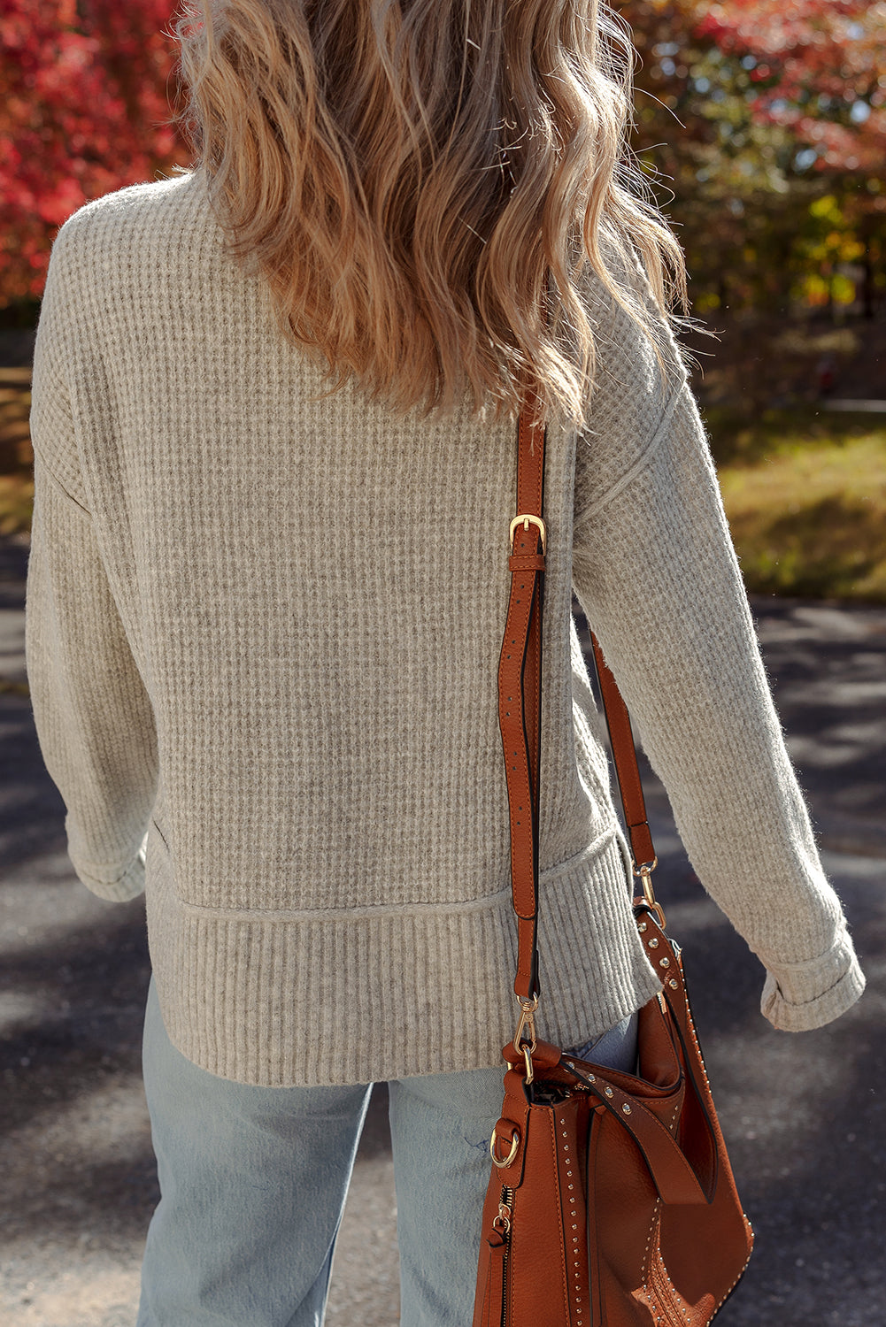 Gray Morn Waffle Texture Knit Ribbed High Neck Drop Shoulder Sweater-TOPS / DRESSES-[Adult]-[Female]-2022 Online Blue Zone Planet