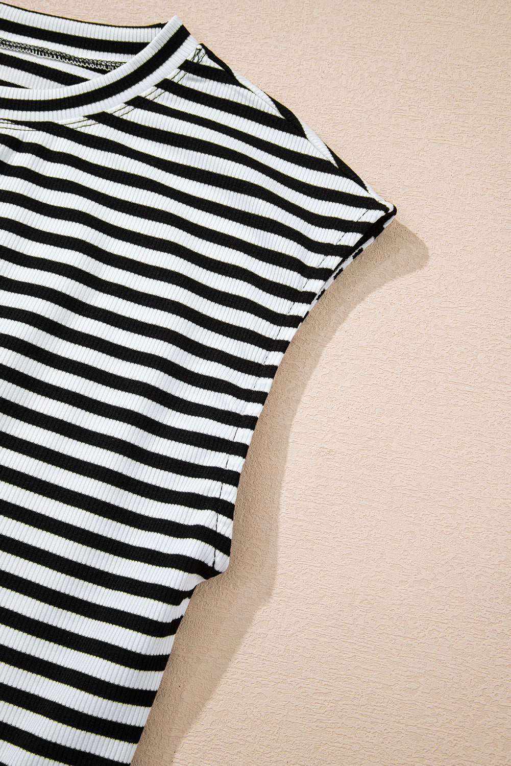 Black Stripe Ribbed Cap Sleeve Round Neck T Shirt-Tops/Tops & Tees-[Adult]-[Female]-2022 Online Blue Zone Planet