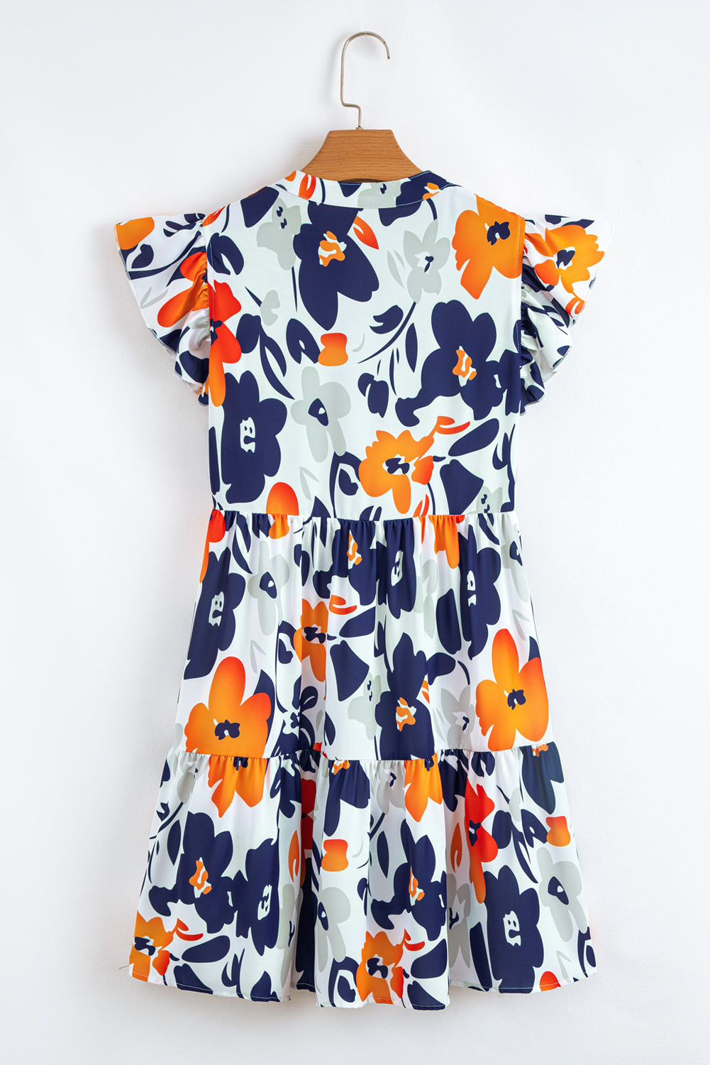 Orange Floral Print Notched Neck Flutter Sleeve Mini Dress-TOPS / DRESSES-[Adult]-[Female]-2022 Online Blue Zone Planet