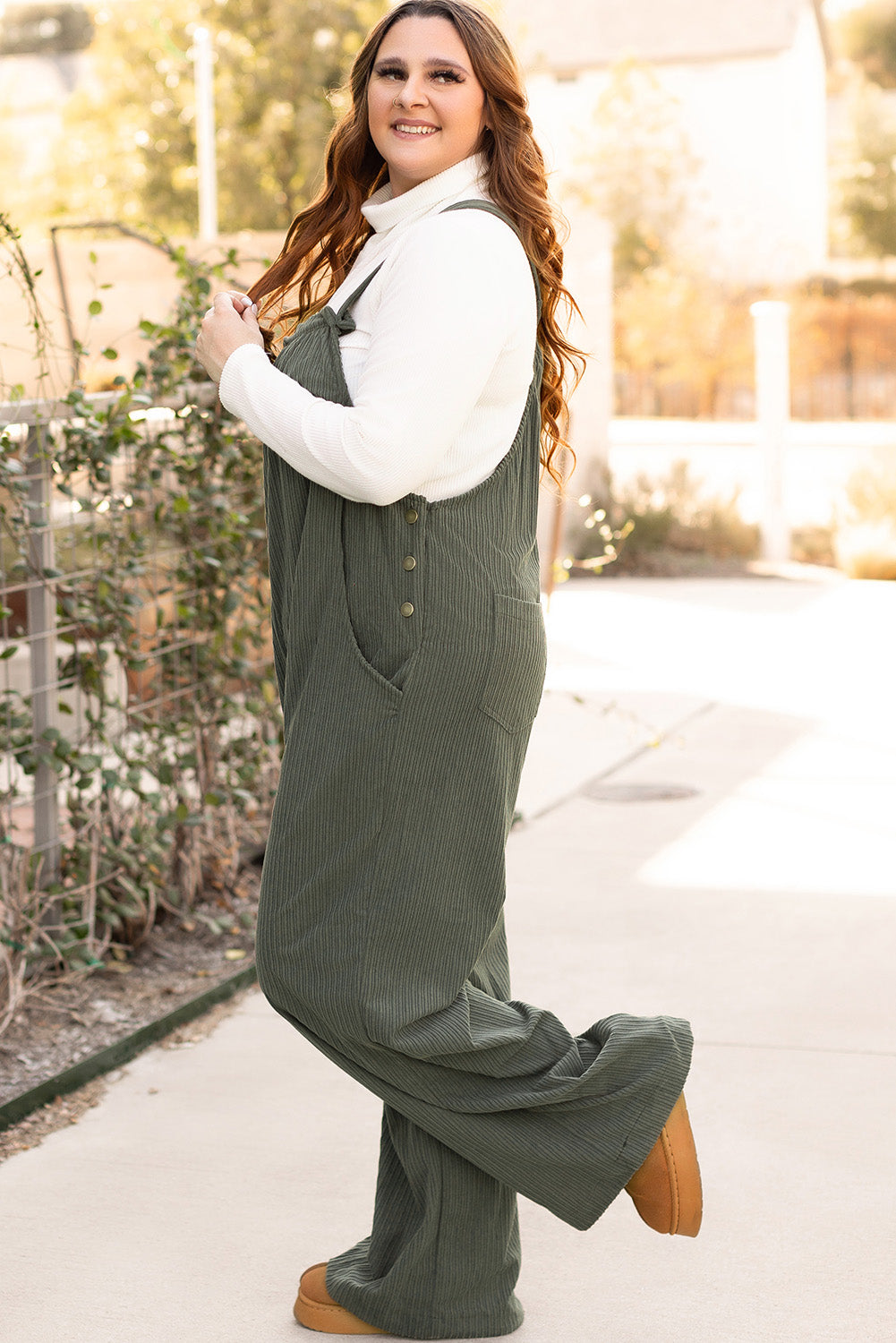 Jungle Green Plus Size Side Pockets Corduroy Overall-Plus Size Bottoms-[Adult]-[Female]-2022 Online Blue Zone Planet