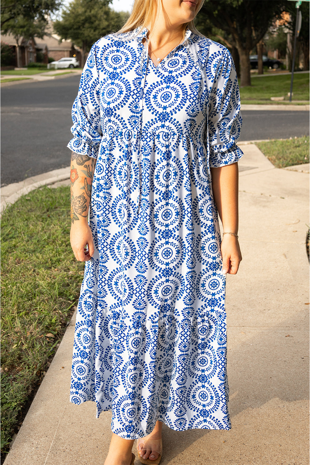 Blue Zone Planet | Sky Blue Geometric Print Lace-up Notch Neck Plus Size Maxi Dress-TOPS / DRESSES-[Adult]-[Female]-2022 Online Blue Zone Planet