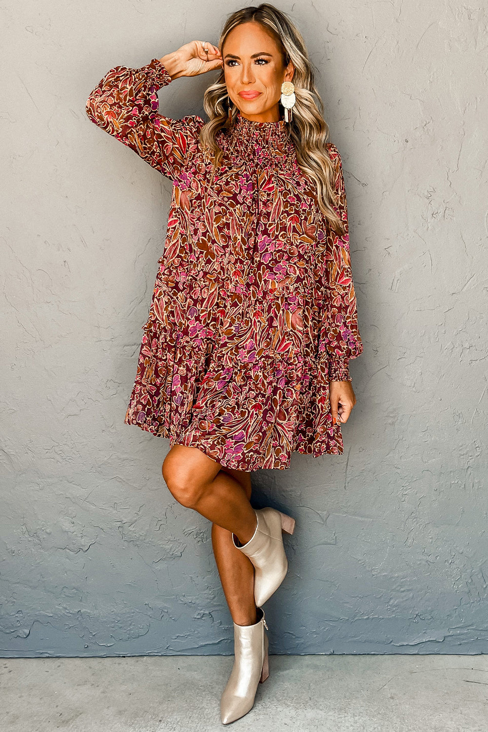 Red Floral Print Long Sleeve Shirred High Neck Loose Mini Dress-Dresses/Mini Dresses-[Adult]-[Female]-2022 Online Blue Zone Planet