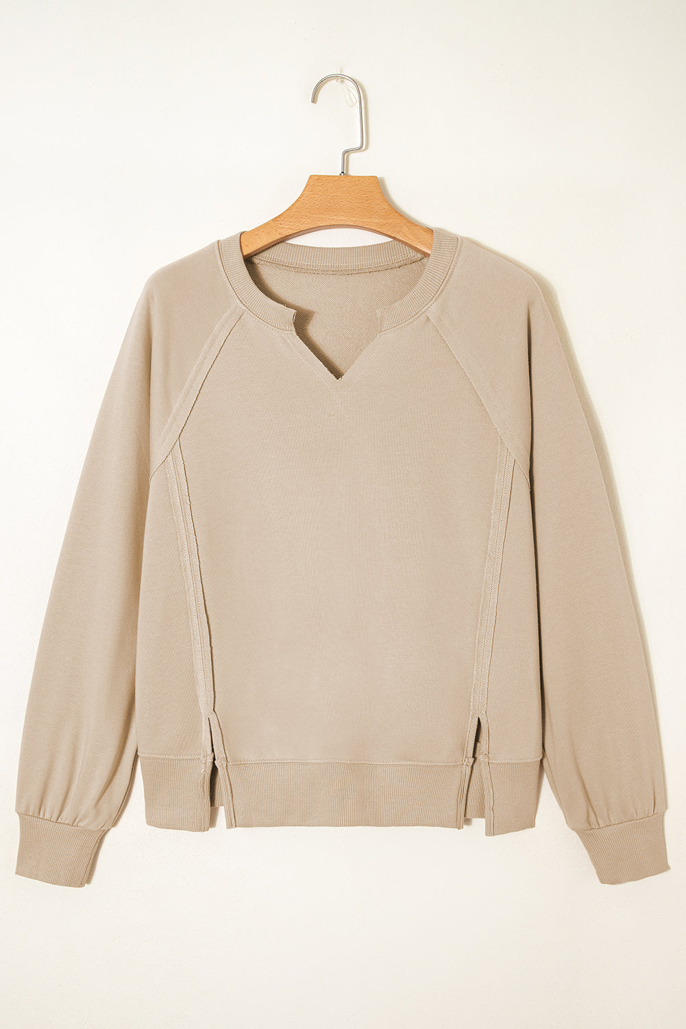 Parchment Raw Edge Exposed Seam Raglan Sleeve Side Slit Sweatshirt-Tops/Sweatshirts & Hoodies-[Adult]-[Female]-2022 Online Blue Zone Planet