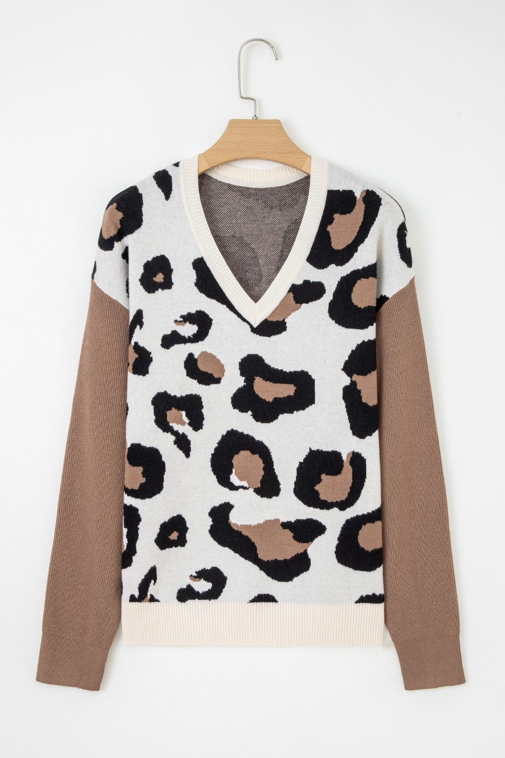 Jet Stream Leopard Print Color Block Patchwork Sleeve V Neck Sweater-Sweaters & Cardigans/Sweaters-[Adult]-[Female]-2022 Online Blue Zone Planet
