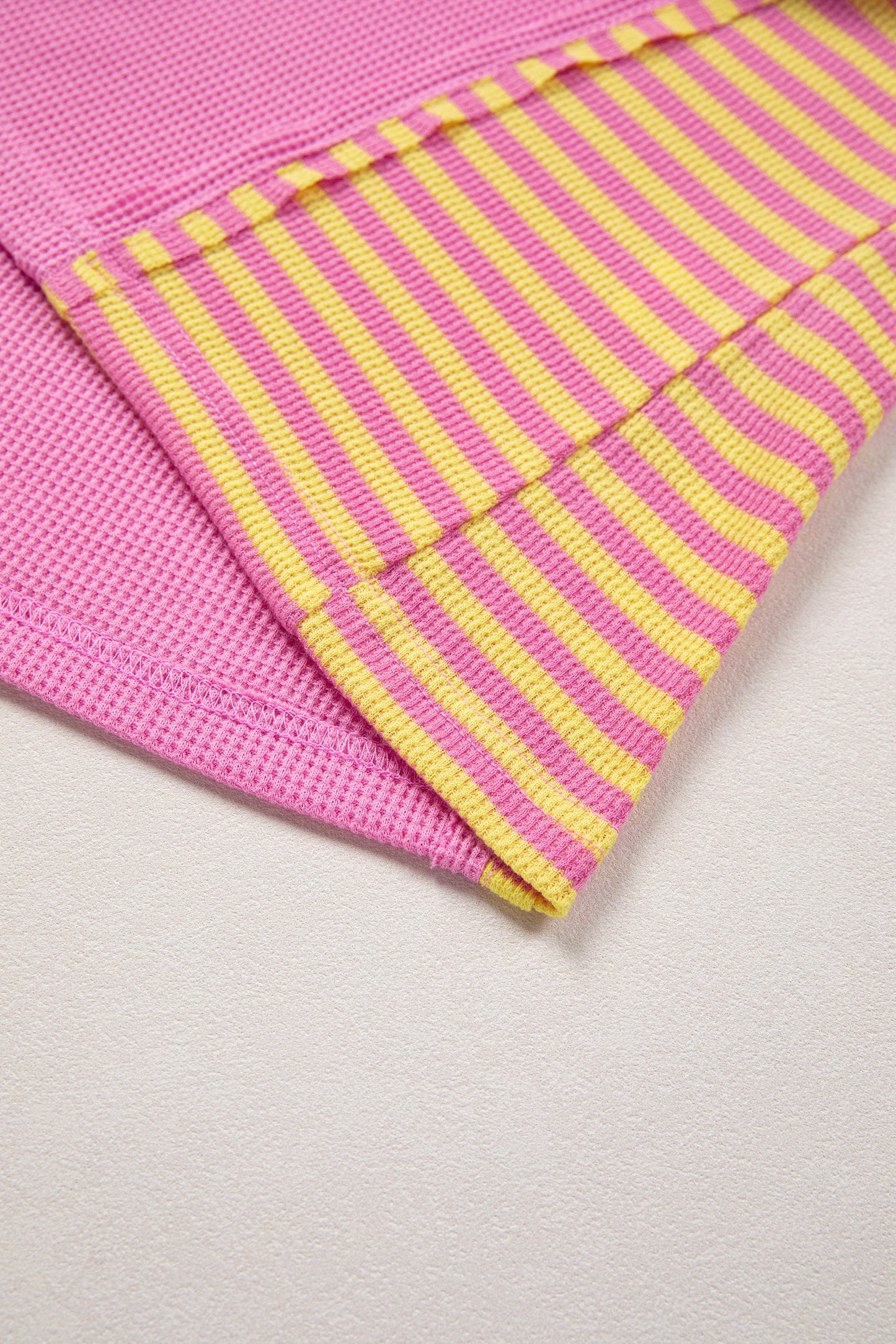 Bright Pink Waffle Textured Contrast Striped Patchwork Loose T Shirt-Tops/Tops & Tees-[Adult]-[Female]-2022 Online Blue Zone Planet