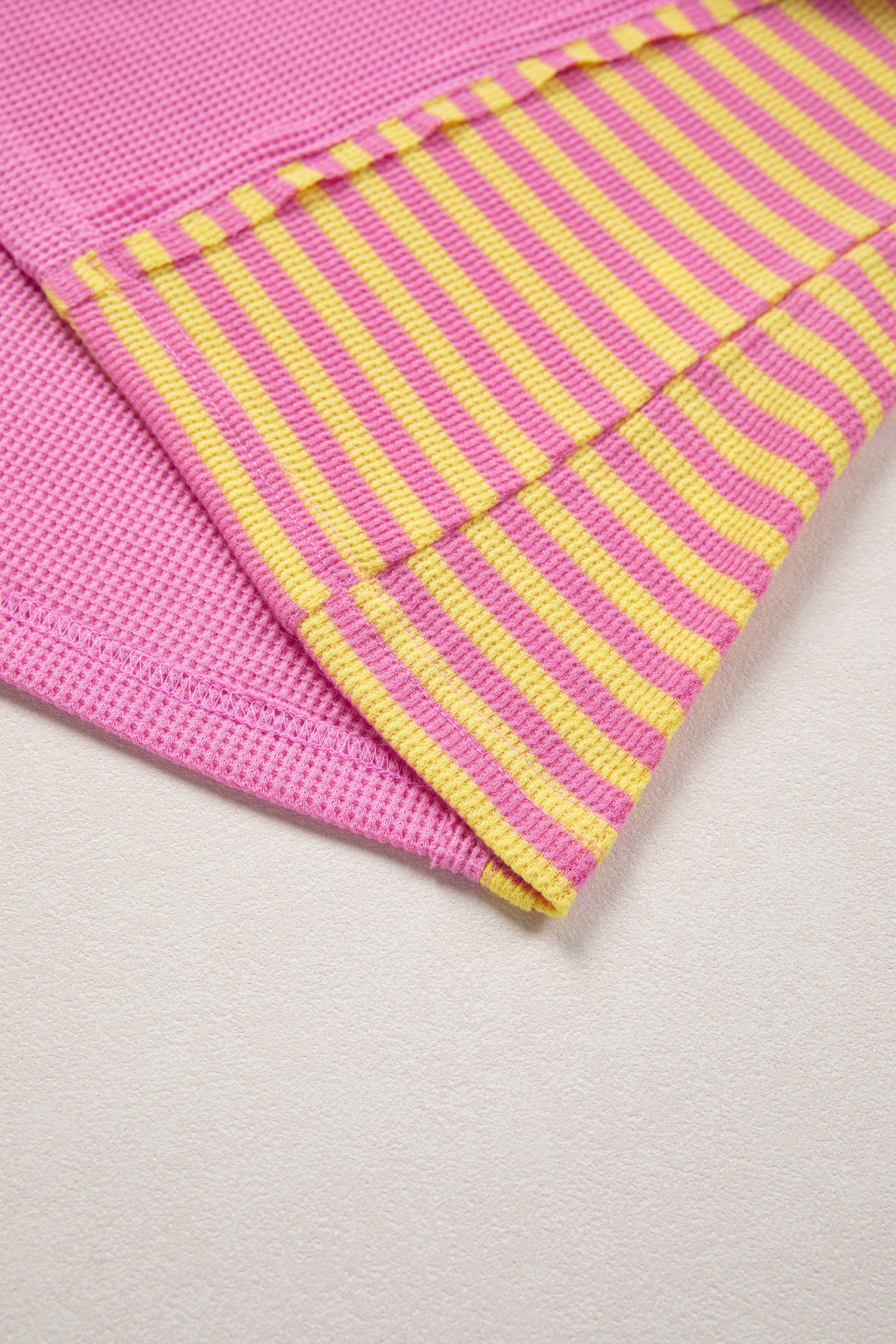 Bright Pink Waffle Textured Contrast Striped Patchwork Loose T Shirt-Tops/Tops & Tees-[Adult]-[Female]-2022 Online Blue Zone Planet