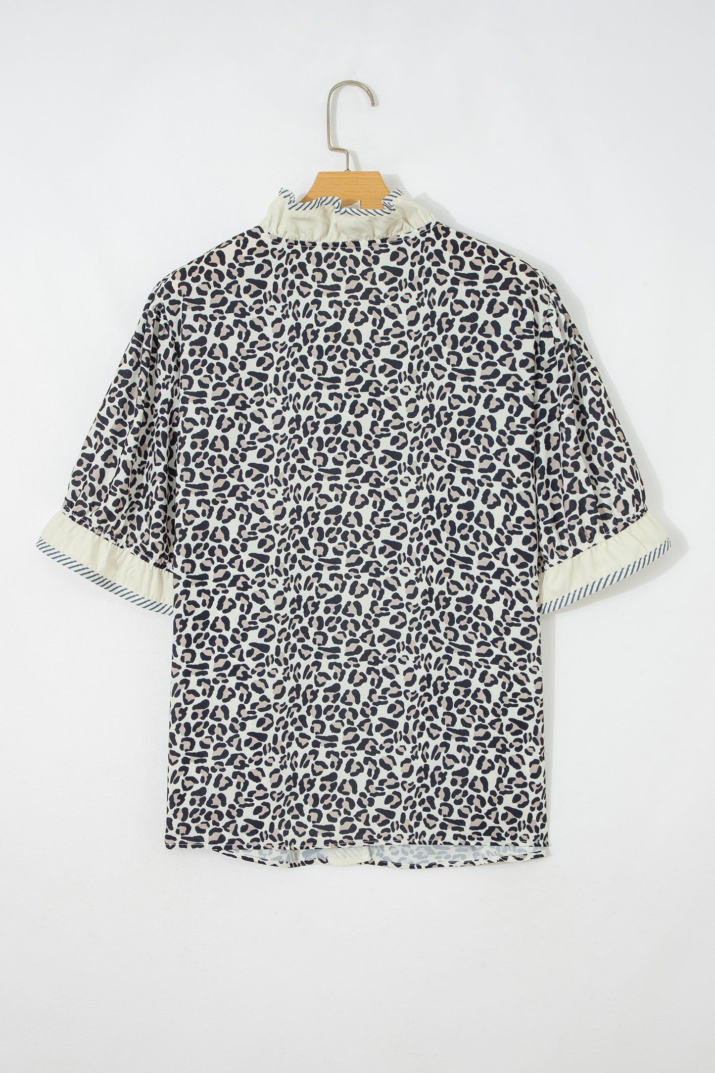 Black Plus Leopard Print Striped Color Block Trim Frilled V Neck Short Sleeve Blouse-Plus Size/Plus Size Tops/Plus Size Blouses & Shirts-[Adult]-[Female]-2022 Online Blue Zone Planet