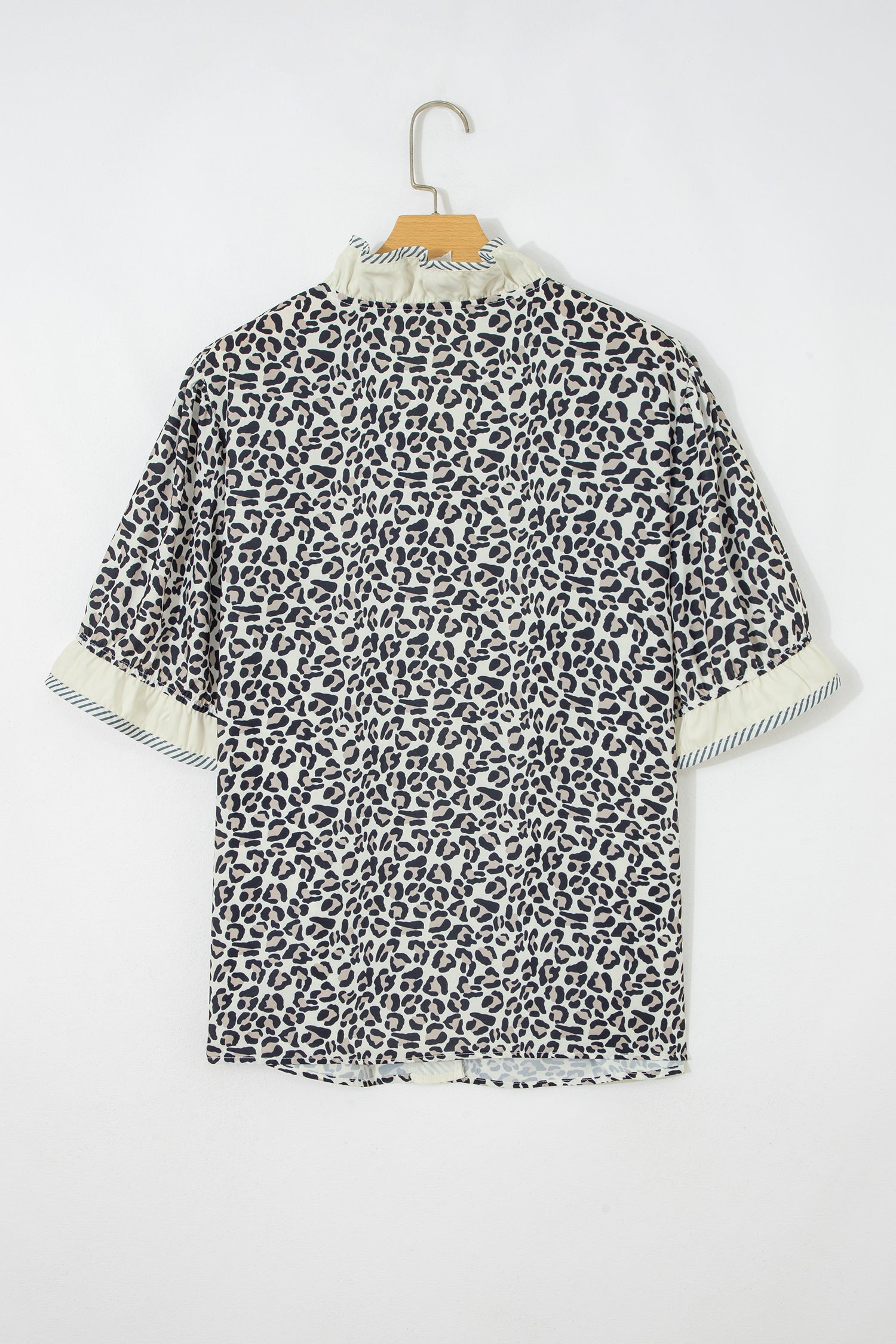 Black Plus Leopard Print Striped Color Block Trim Frilled V Neck Short Sleeve Blouse-Plus Size/Plus Size Tops/Plus Size Blouses & Shirts-[Adult]-[Female]-2022 Online Blue Zone Planet