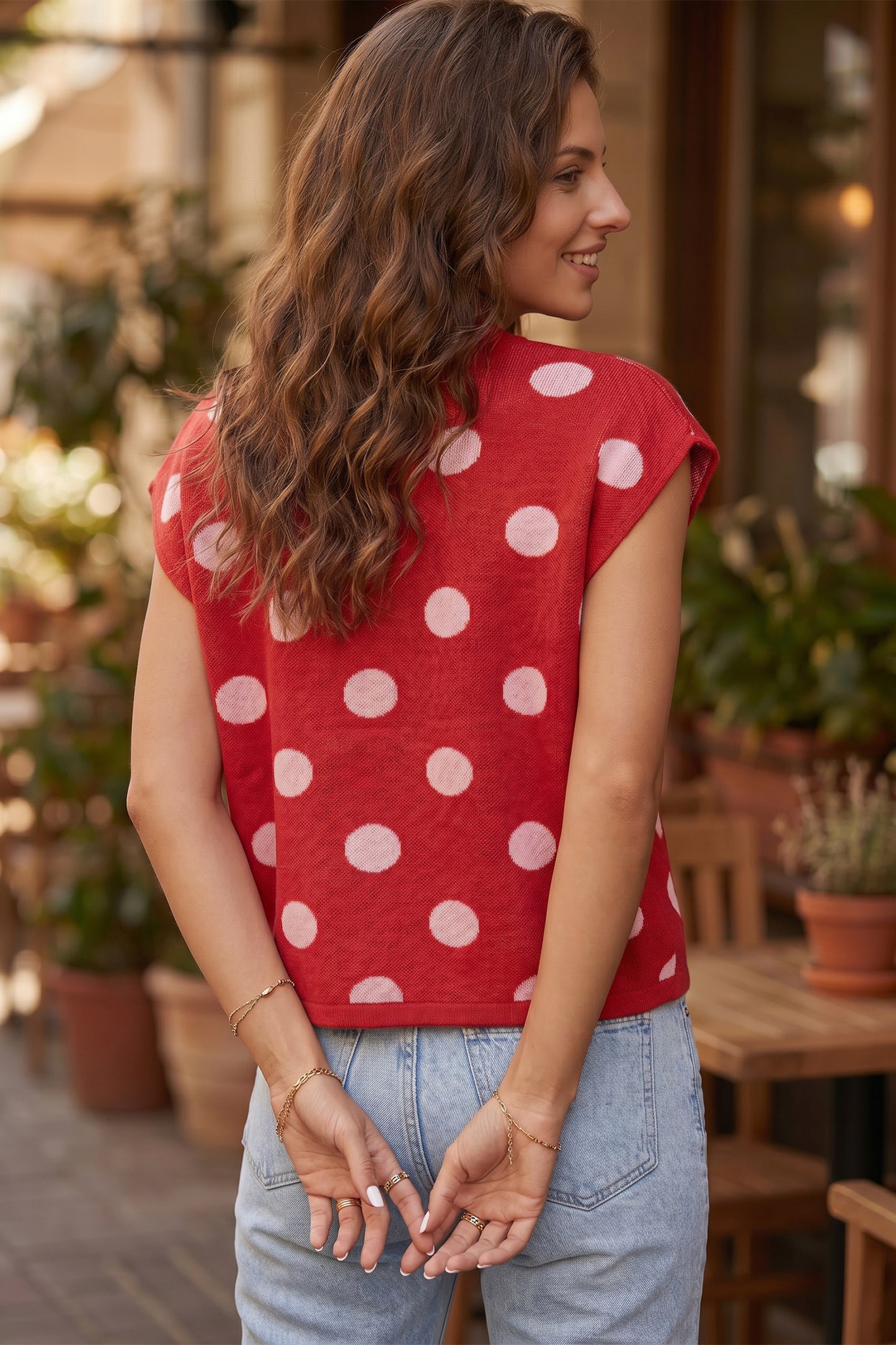 Red Polka Dot Sleeveless Knit Button Drop Shoulder Sweater Vest