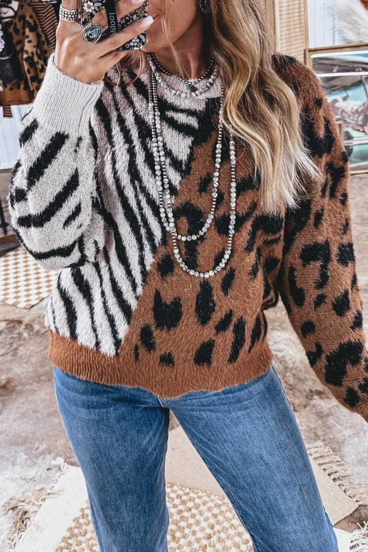 Coffee Western Leopard Zebra Print Long Sleeve Round Neck Sweater-Sweaters & Cardigans/Sweaters-[Adult]-[Female]-Coffee-S-2022 Online Blue Zone Planet