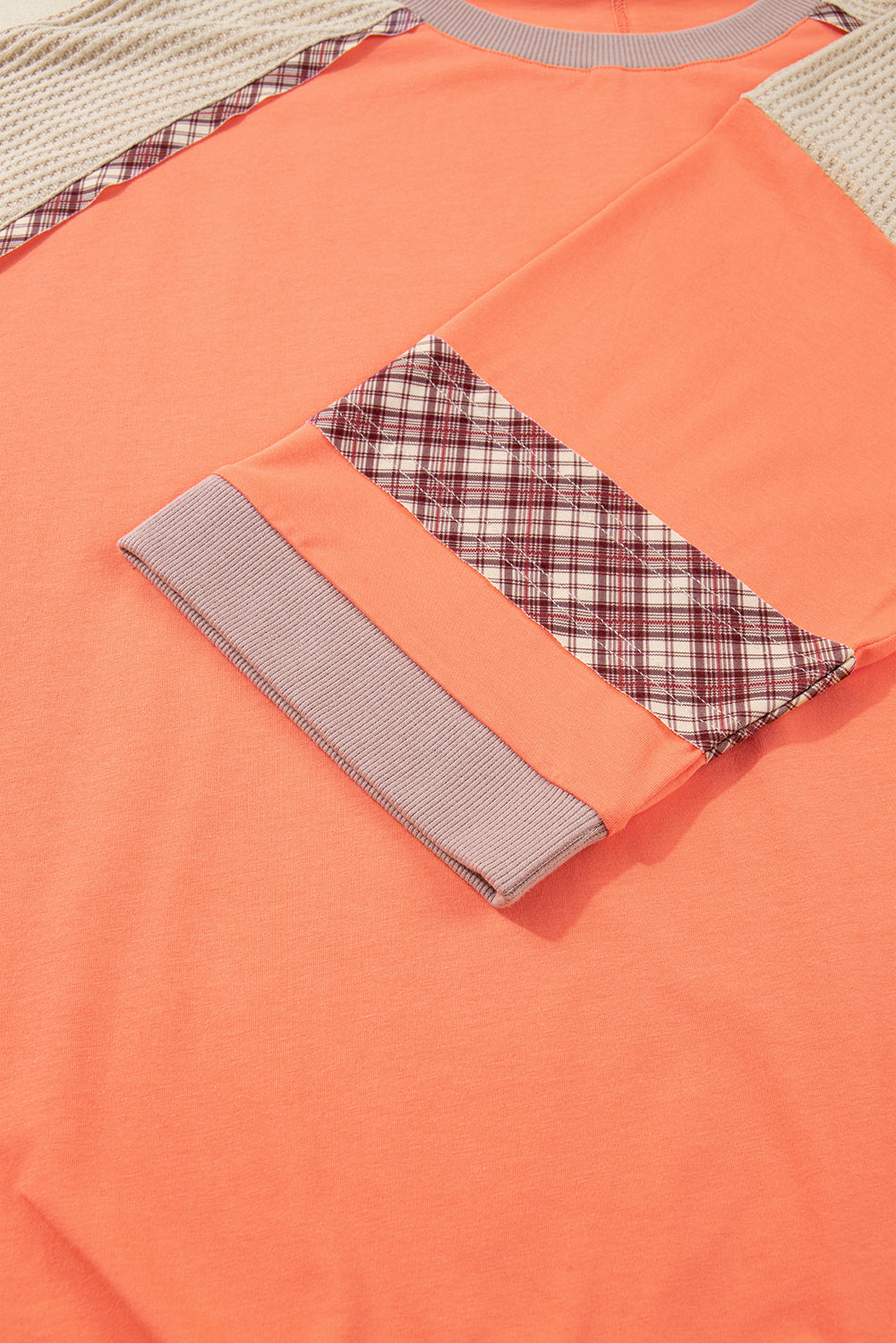 Grapefruit Orange Plaid Flower Waffle Patched Plus Size 3/4 Sleeve Top-Plus Size/Plus Size Tops/Plus Size Long Sleeve Tops-[Adult]-[Female]-2022 Online Blue Zone Planet