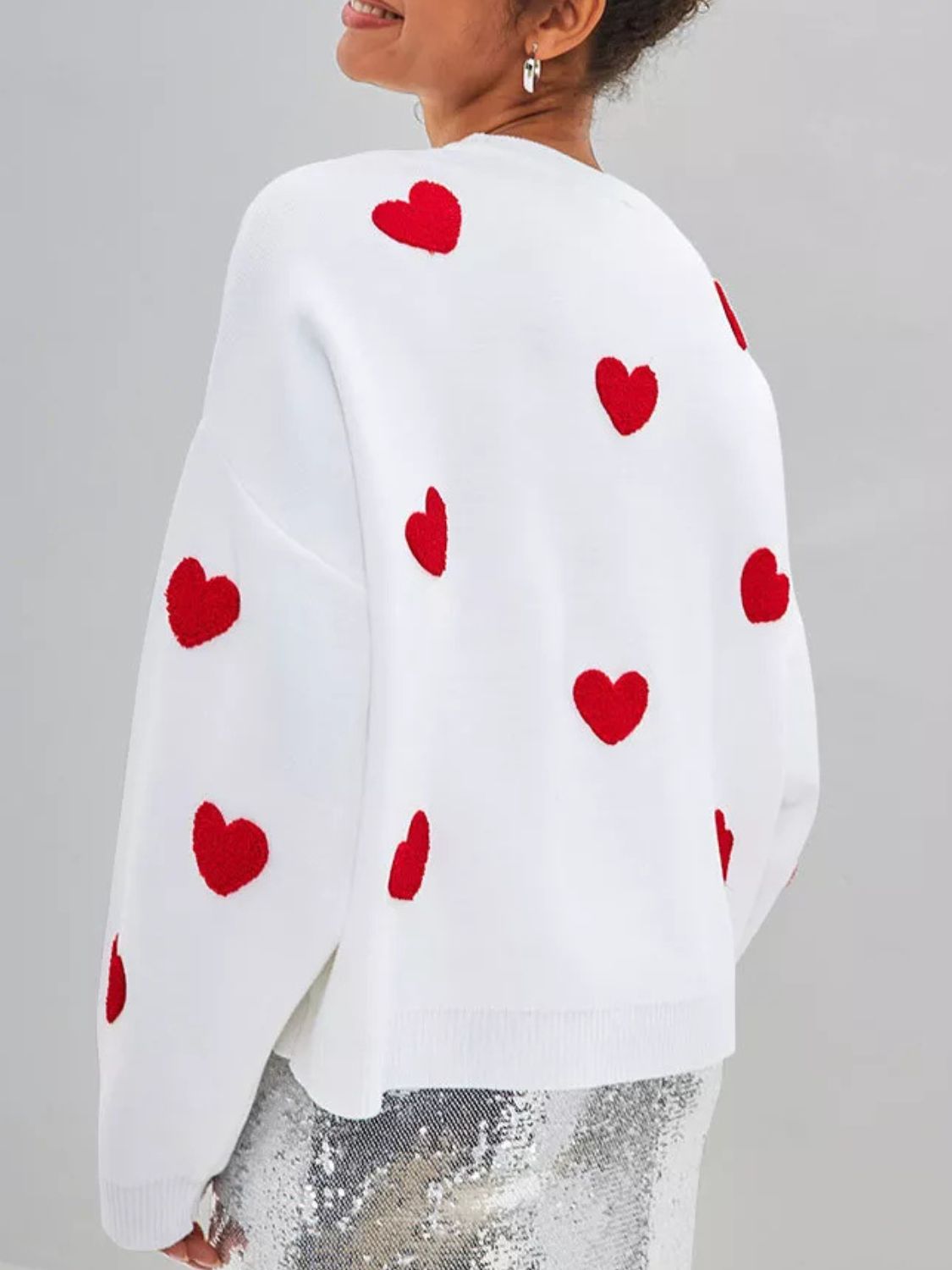 Heart Round Neck Dropped Shoulder Sweater-TOPS / DRESSES-[Adult]-[Female]-White-One Size-2022 Online Blue Zone Planet