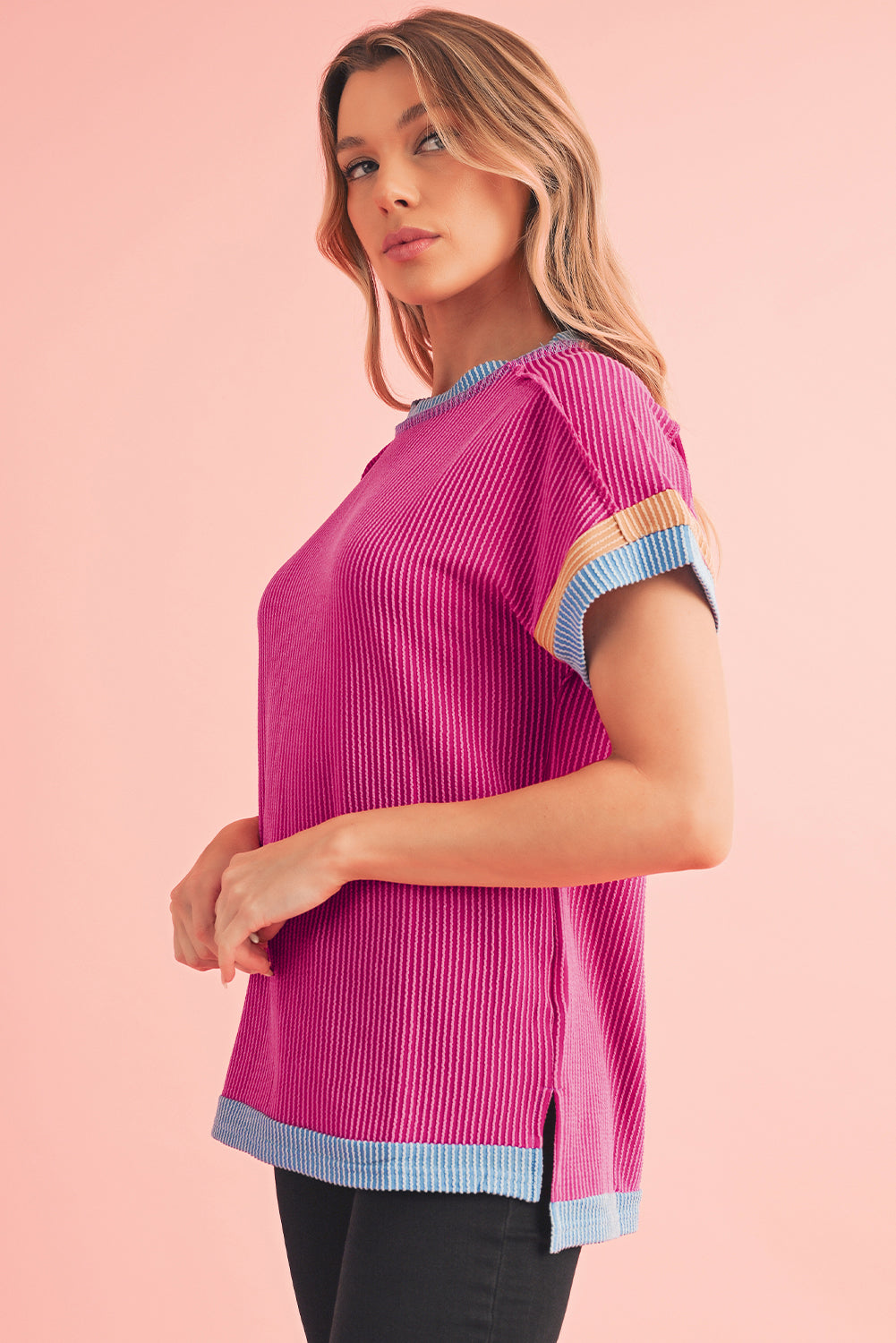 Sky Blue Textured Colorblock Round Neck T Shirt-T Shirts-[Adult]-[Female]-2022 Online Blue Zone Planet
