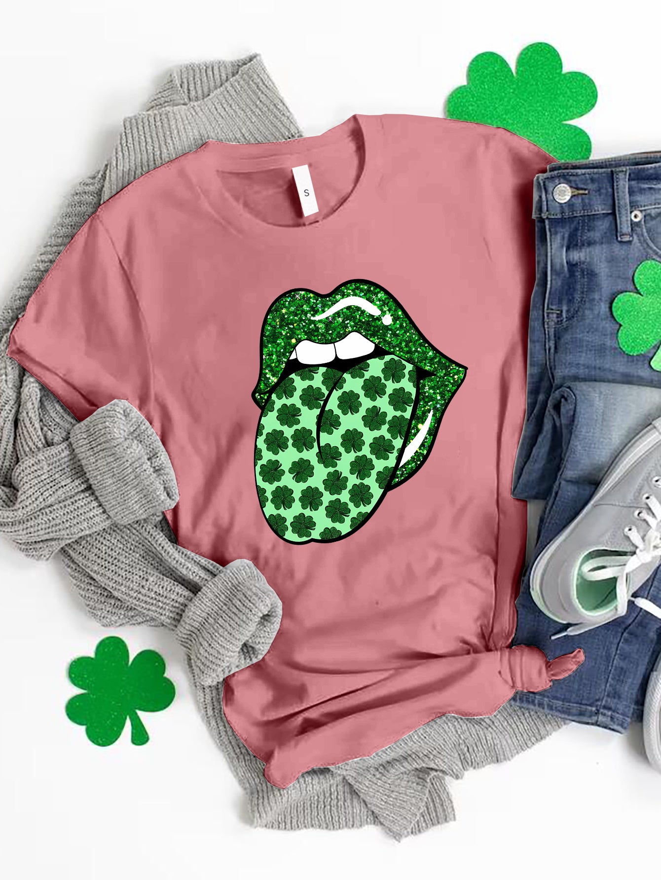 Saint Patrick's Day Round Neck T-Shirt-TOPS / DRESSES-[Adult]-[Female]-Pink Purple-S-2022 Online Blue Zone Planet