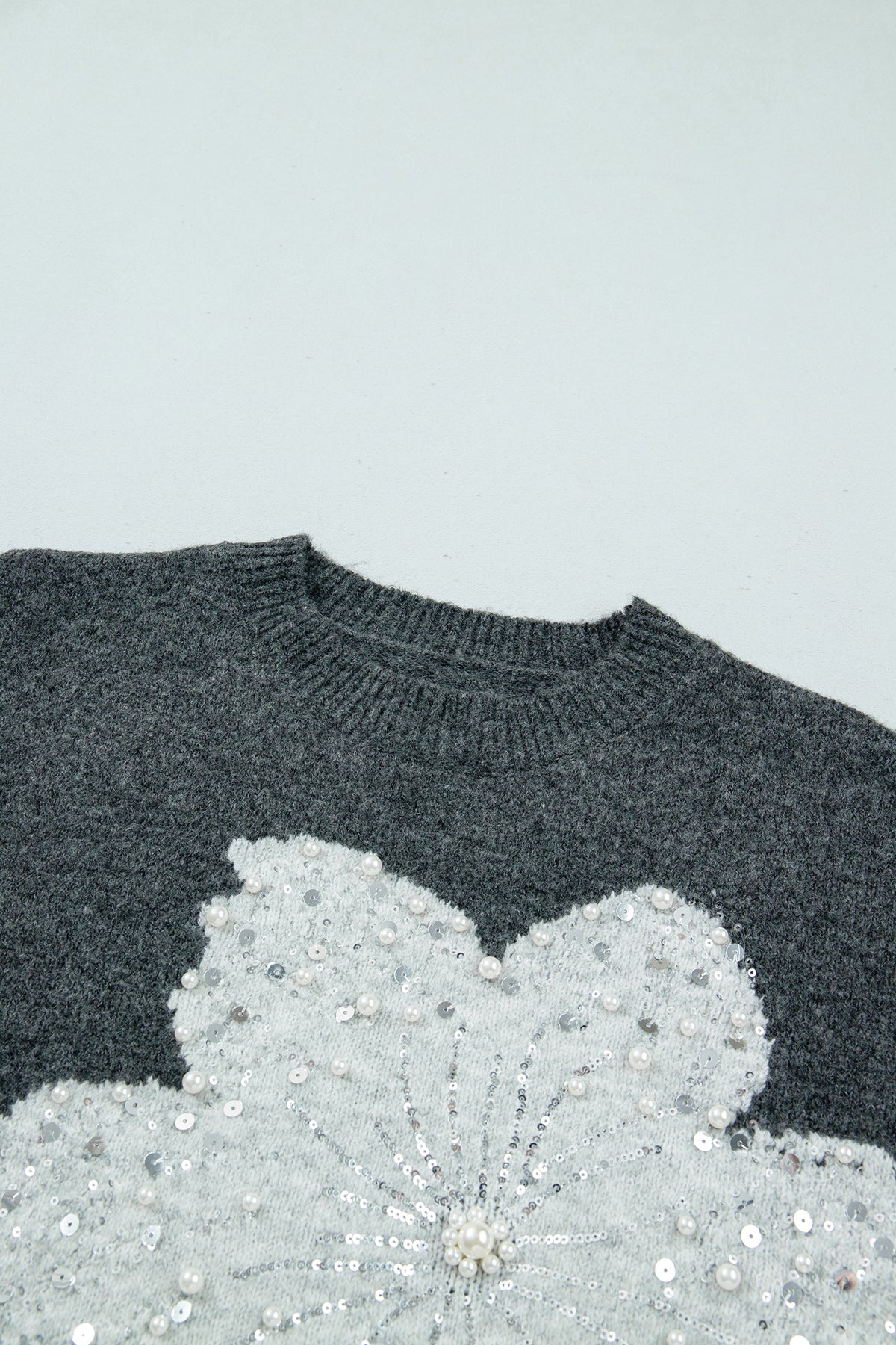 Dark Grey Beaded Floral Accent Casual Round Neck Sweater-TOPS / DRESSES-[Adult]-[Female]-2022 Online Blue Zone Planet