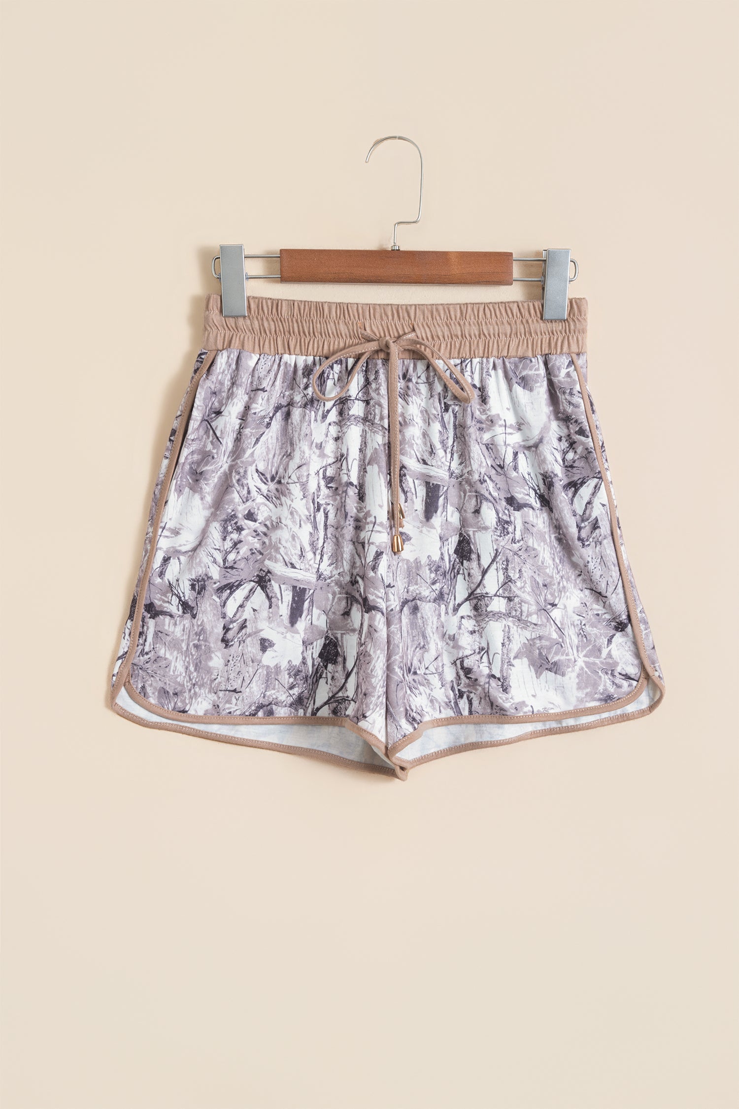 Khaki Camo Woodland Print Drawstring Active Shorts-Bottoms/Casual Shorts-[Adult]-[Female]-2022 Online Blue Zone Planet