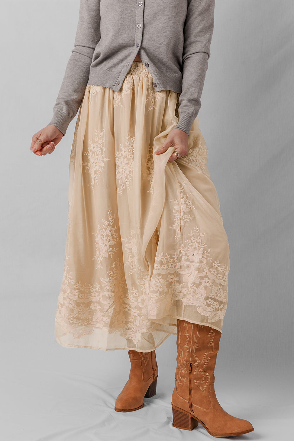 Oatmeal Embroidered Mesh Overlay Flowy Long Skirt-Bottoms/Skirts & Petticoat-[Adult]-[Female]-2022 Online Blue Zone Planet
