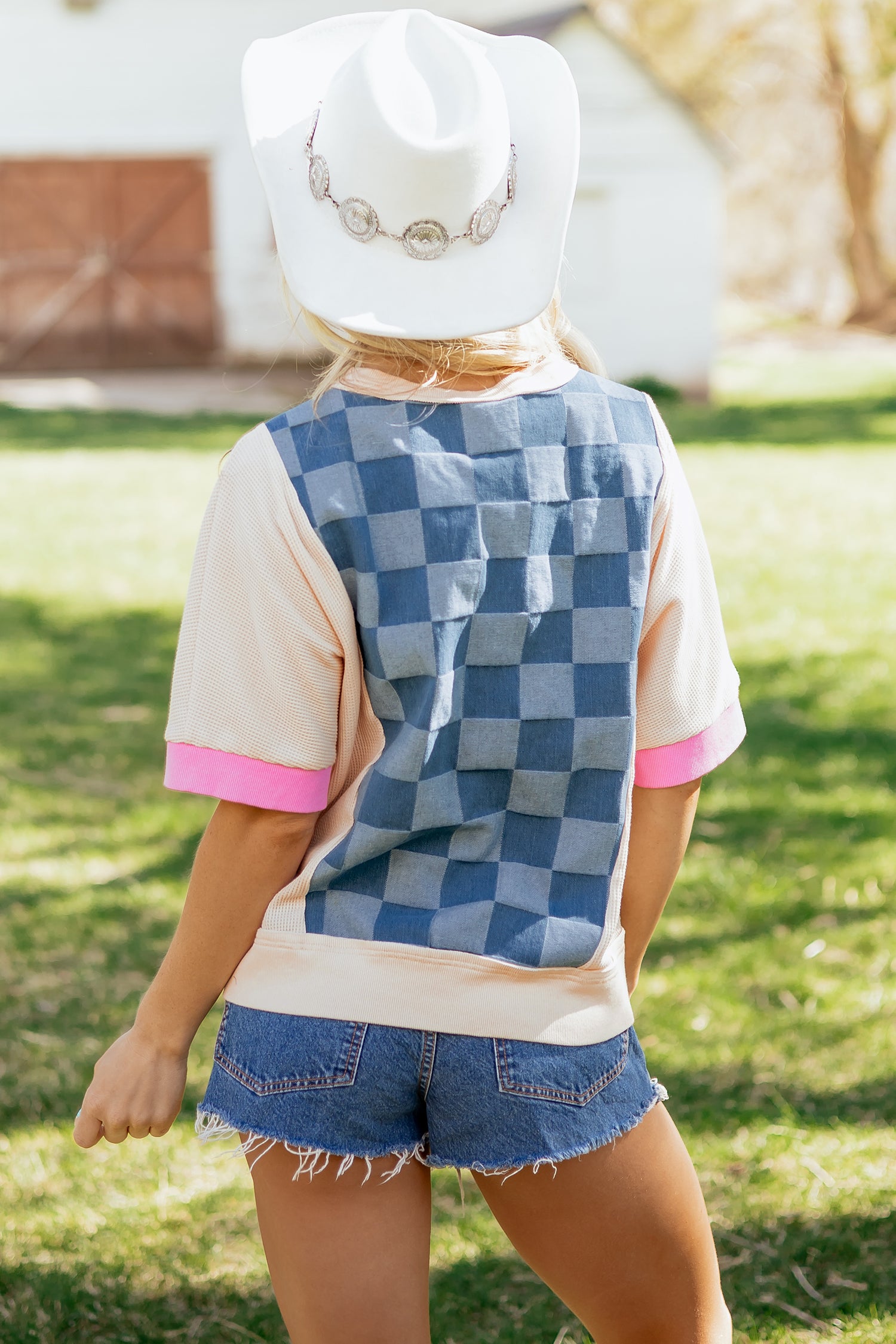 Dusk Blue Checkered Denim Patchwork Short Sleeve Loose Top-Tops/Tops & Tees-[Adult]-[Female]-2022 Online Blue Zone Planet