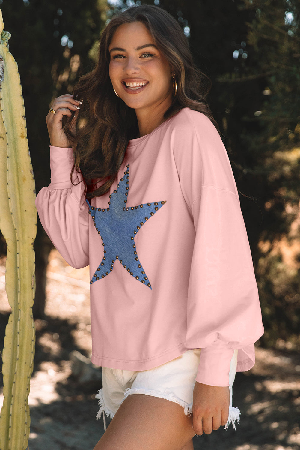 Blue Zone Planet | Apricot Studded Star Graphic Oversized Long Sleeve Top-Tops/Long Sleeve Tops-[Adult]-[Female]-2022 Online Blue Zone Planet