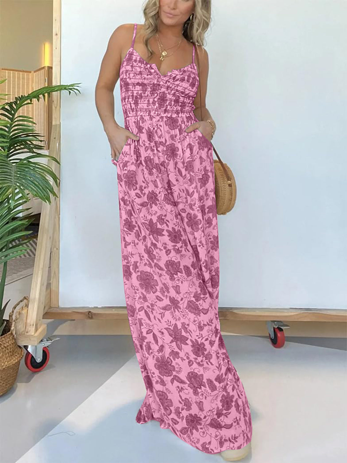 Full Size Printed Spaghetti Strap Wide Leg Jumpsuit-TOPS / DRESSES-[Adult]-[Female]-Deep Rose-S-2022 Online Blue Zone Planet