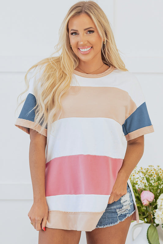Multicolour Colorblock Patchwork Side Split Tunic T Shirt-Tops/Tops & Tees-[Adult]-[Female]-Multicolour-S-2022 Online Blue Zone Planet