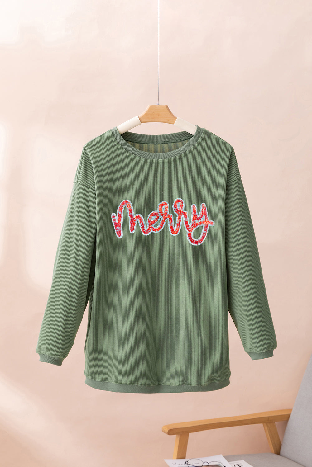 Grass Green Sequined merry Letter Graphic Twisted Ribbed Baggy Sweatshirt-Graphic/Graphic Sweatshirts-[Adult]-[Female]-2022 Online Blue Zone Planet
