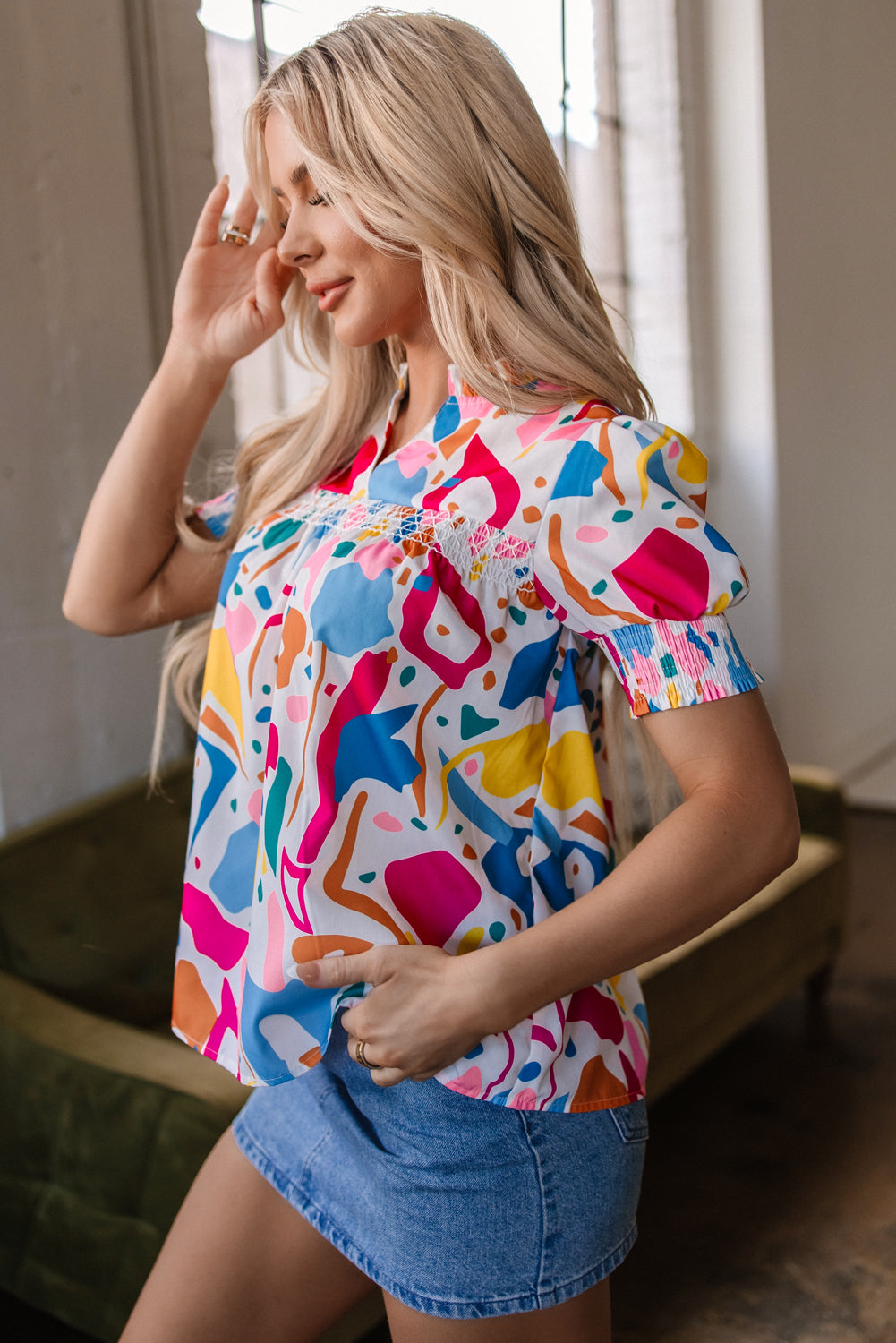 Multicolour Abstract Print Lace Detail Shirred Short Sleeve Split Neck Blouse-Tops/Blouses & Shirts-[Adult]-[Female]-2022 Online Blue Zone Planet