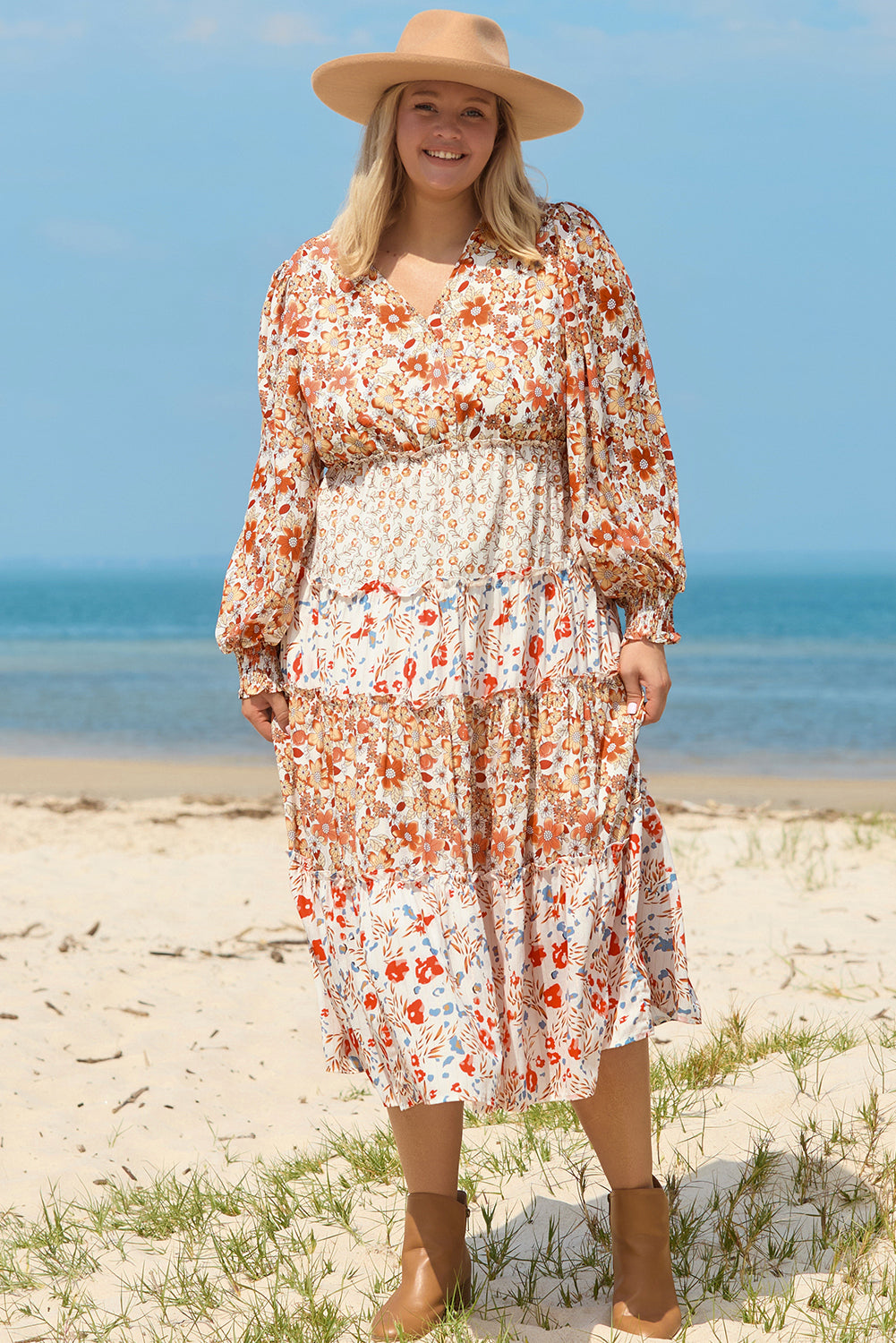 Blue Zone Planet | Khaki Plus Size Floral Tiered Ruffle Maxi Dress-TOPS / DRESSES-[Adult]-[Female]-Khaki-1X-2022 Online Blue Zone Planet