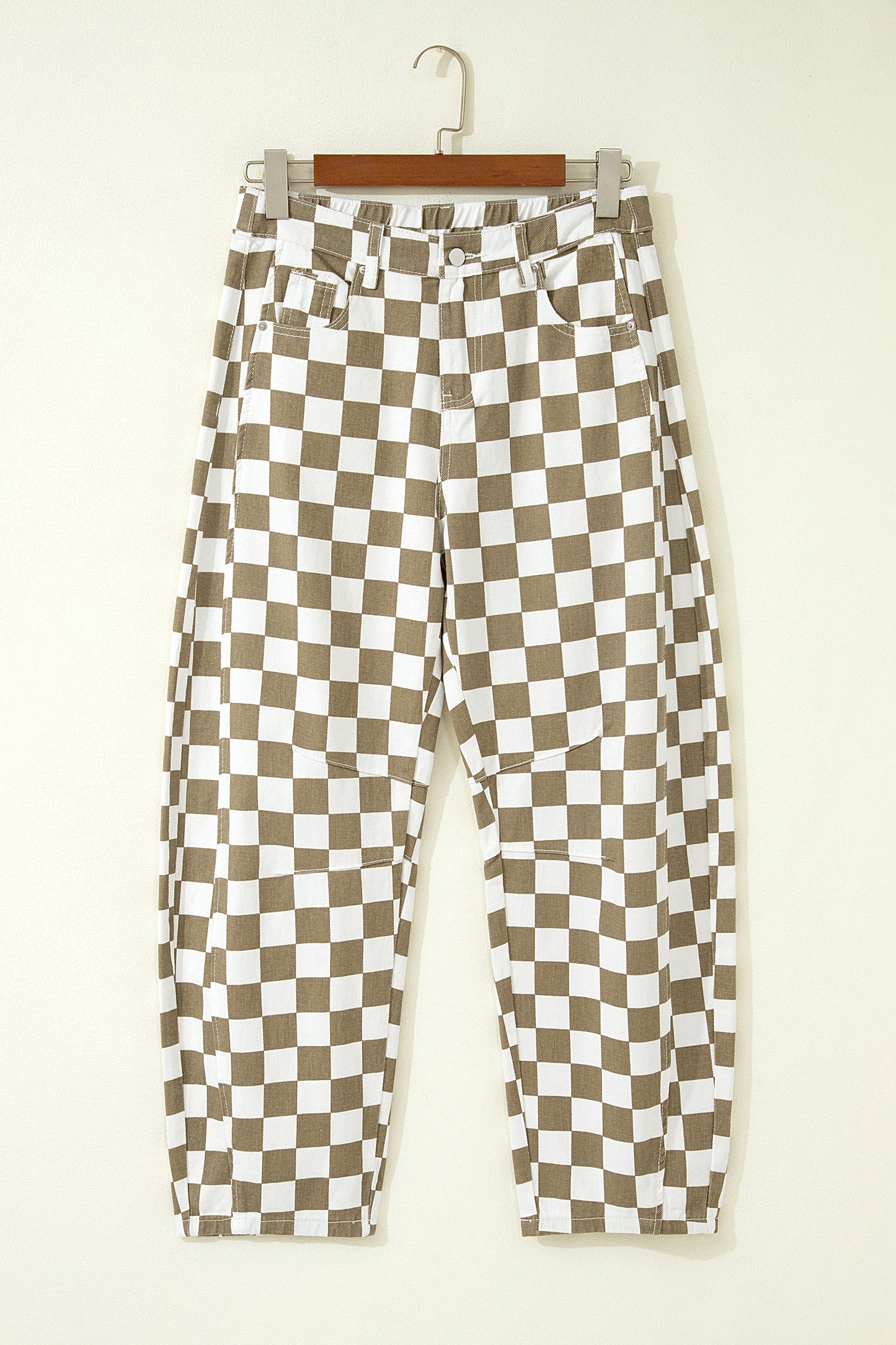 White Checkered Print Denim Barrel Pants-Bottoms/Pants & Culotte-[Adult]-[Female]-2022 Online Blue Zone Planet