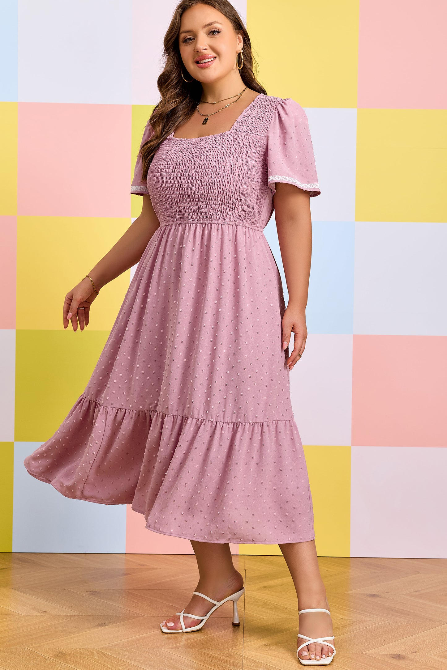 Pink Plus Size Swiss Dot Short Sleeve Smocked High Waist Flowy Midi Dress-TOPS / DRESSES-[Adult]-[Female]-2022 Online Blue Zone Planet