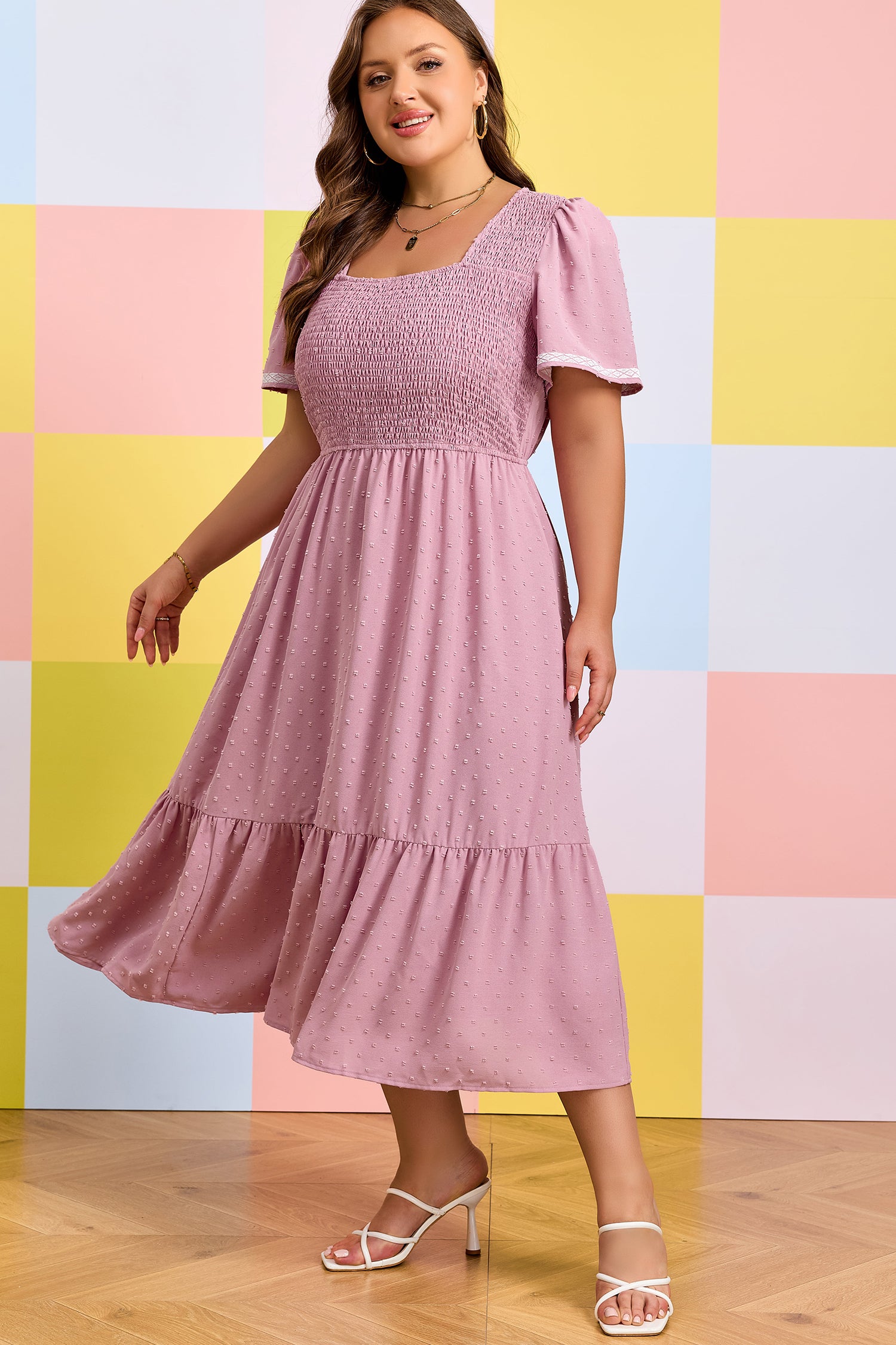 Pink Plus Size Swiss Dot Short Sleeve Smocked High Waist Flowy Midi Dress-TOPS / DRESSES-[Adult]-[Female]-2022 Online Blue Zone Planet