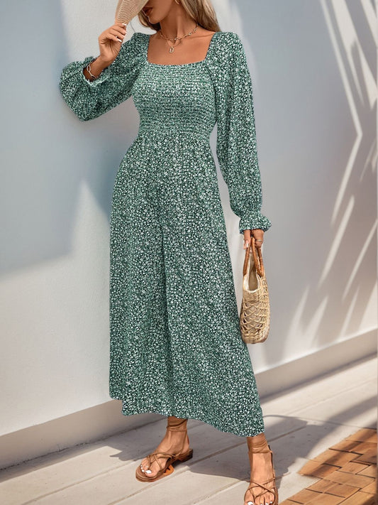 Perfee Smocked Printed Long Sleeve Wide Leg Jumpsuit-TOPS / DRESSES-[Adult]-[Female]-Turquoise-S-2022 Online Blue Zone Planet