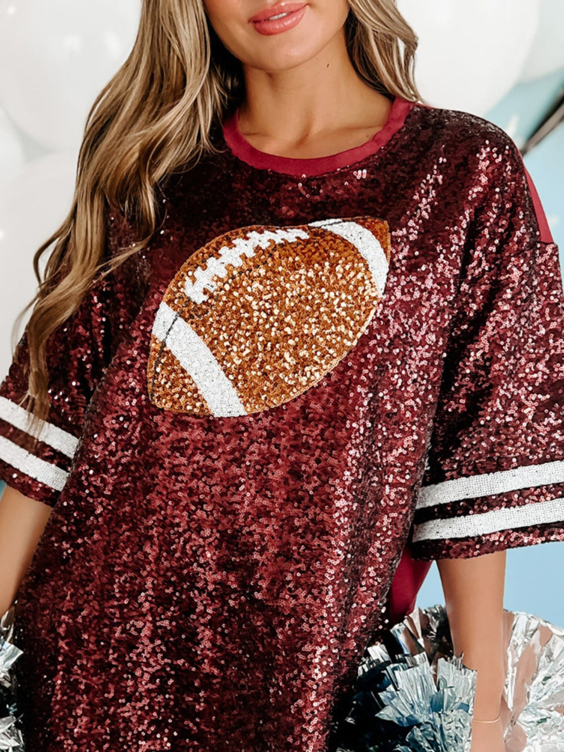 Blue Zone Planet | Sequin Football Round Neck Half Sleeve Oversize Top-TOPS / DRESSES-[Adult]-[Female]-2022 Online Blue Zone Planet