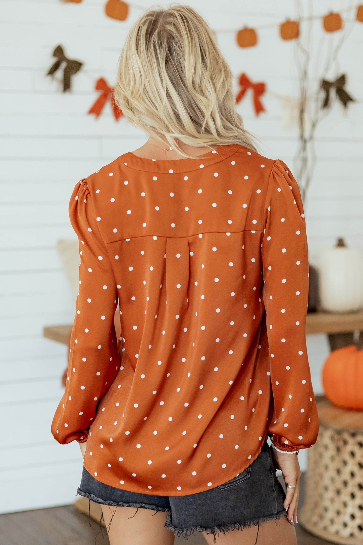 Brown Polka Dot Half Button V Neck Long Sleeve Blouse-Tops/Blouses & Shirts-[Adult]-[Female]-2022 Online Blue Zone Planet