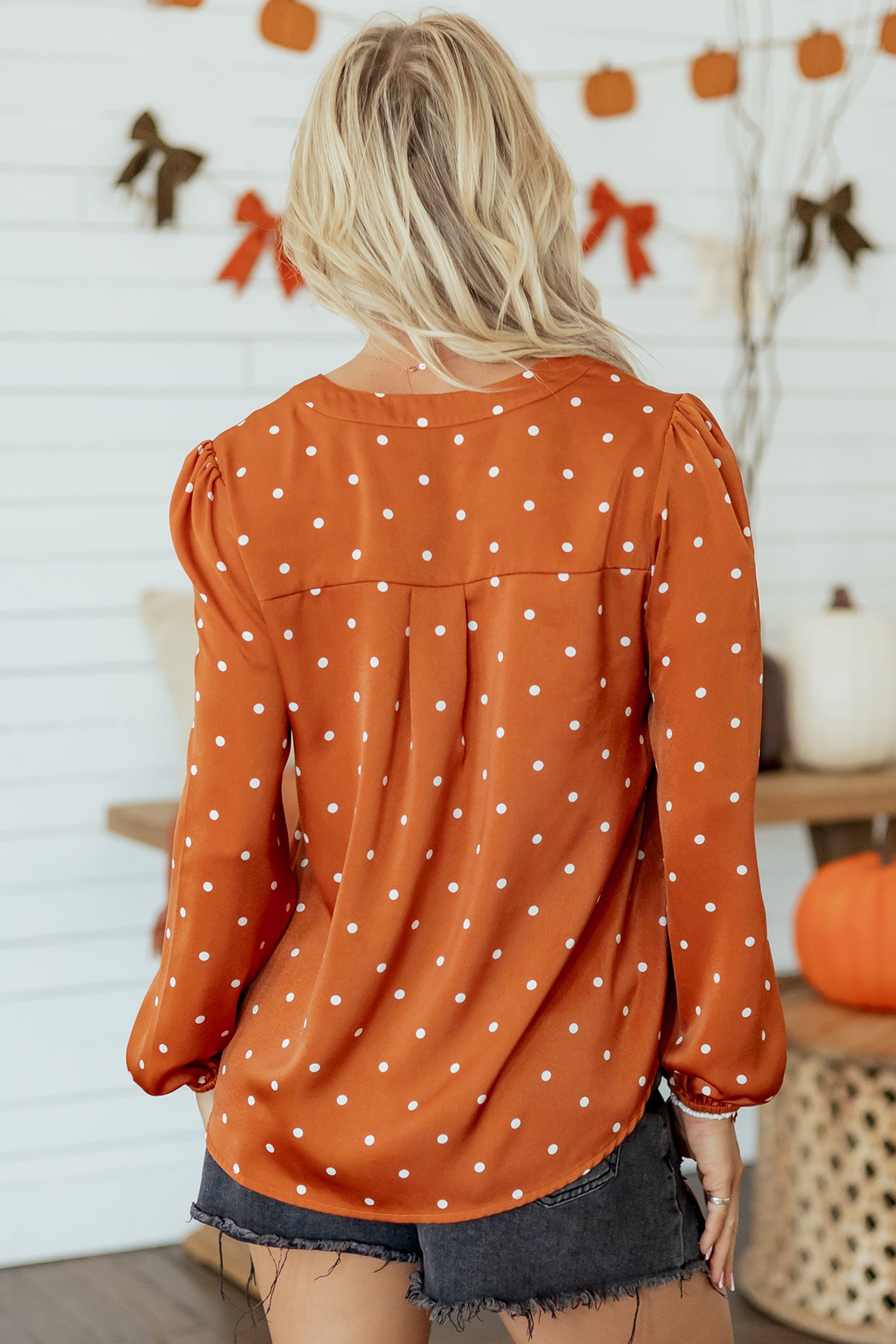 Brown Polka Dot Half Button V Neck Long Sleeve Blouse-Tops/Blouses & Shirts-[Adult]-[Female]-2022 Online Blue Zone Planet