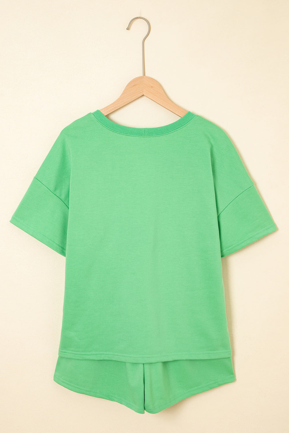 Mint Green V Neck Drop Shoulder Tee And Patchwork Drawstring Shorts Set-Two Piece Sets/Short Sets-[Adult]-[Female]-2022 Online Blue Zone Planet