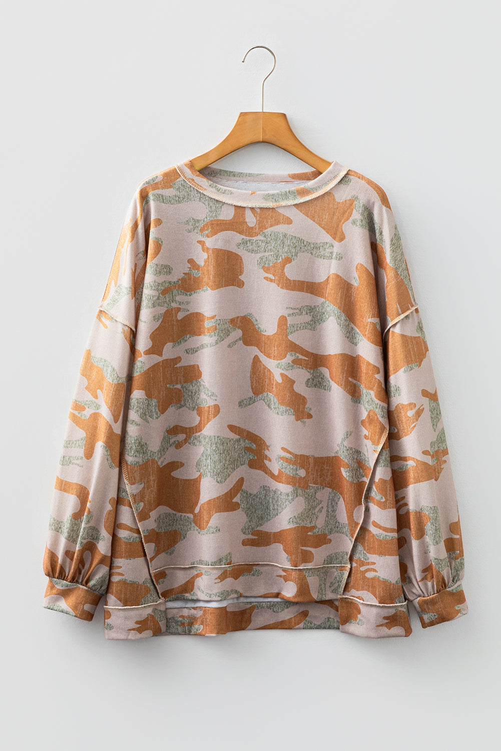 Brown Retro Camouflage Print Exposed Seam Patchwork Drop Shoulder Sweatshirt-Tops/Sweatshirts & Hoodies-[Adult]-[Female]-2022 Online Blue Zone Planet